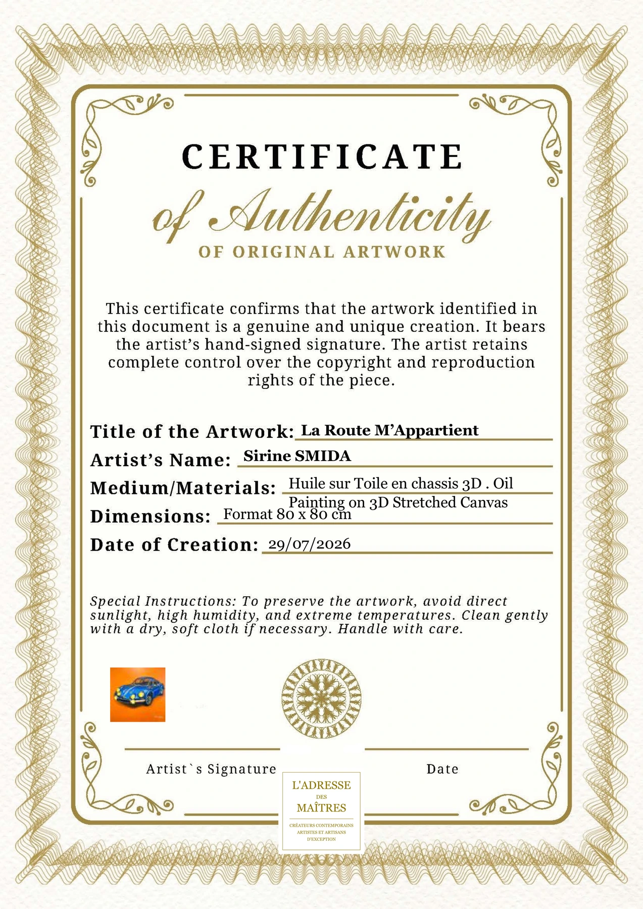 Certificat d'authenticité — La Route M’Appartient — Sirine SMIDA