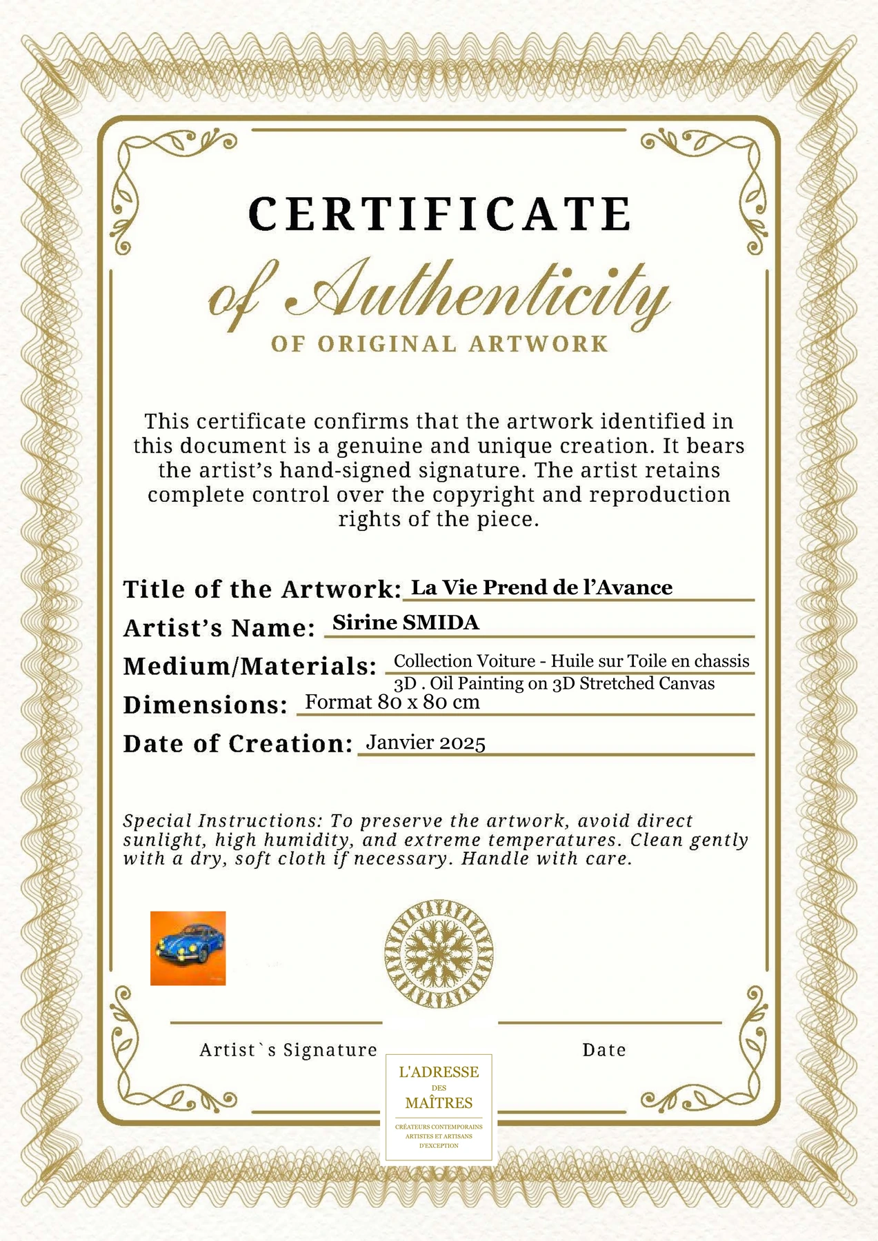 Certificat d'authenticité - La Vie Prend de l’Avance - Sirine SMIDA