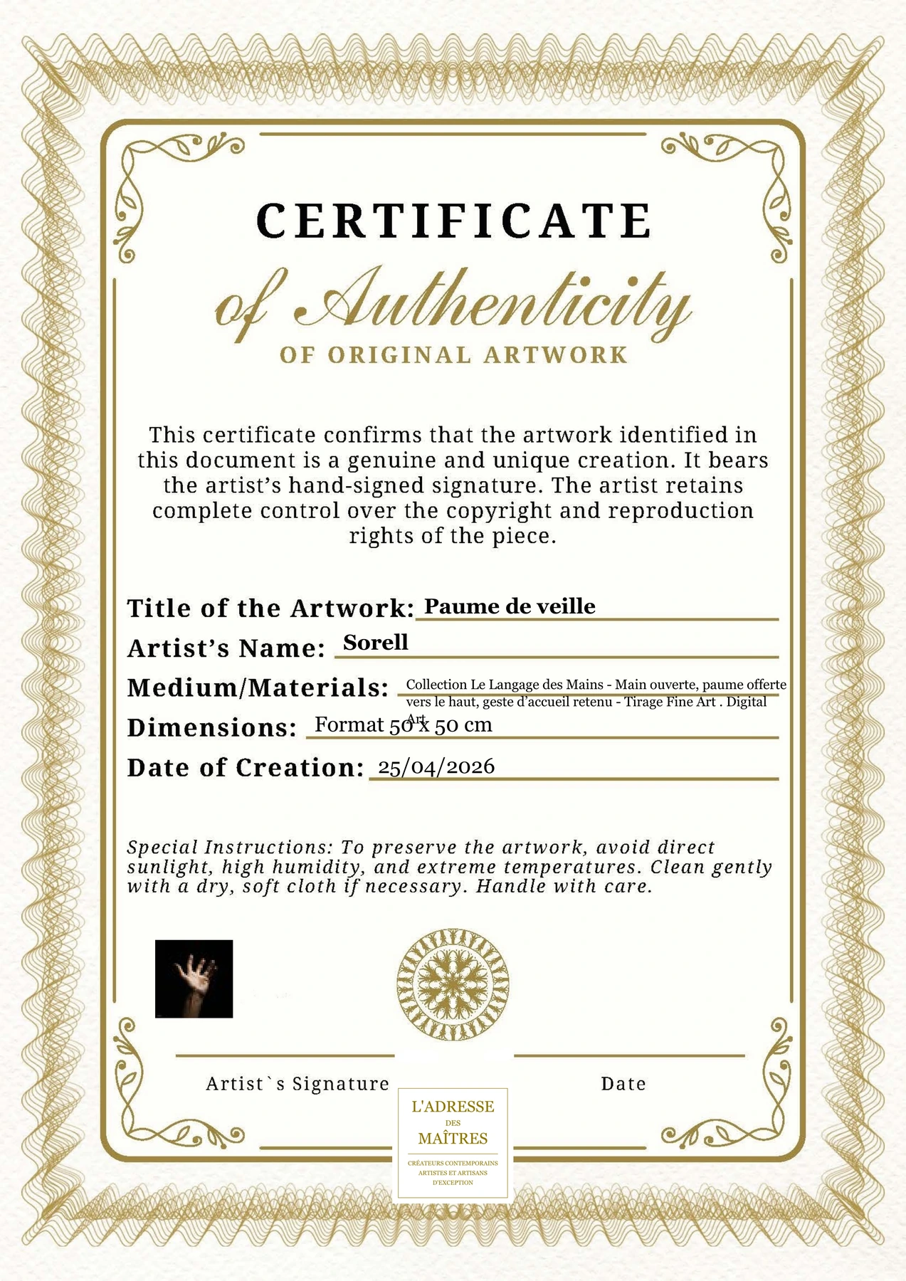 Certificat d'authenticité — Paume de veille — Sorell