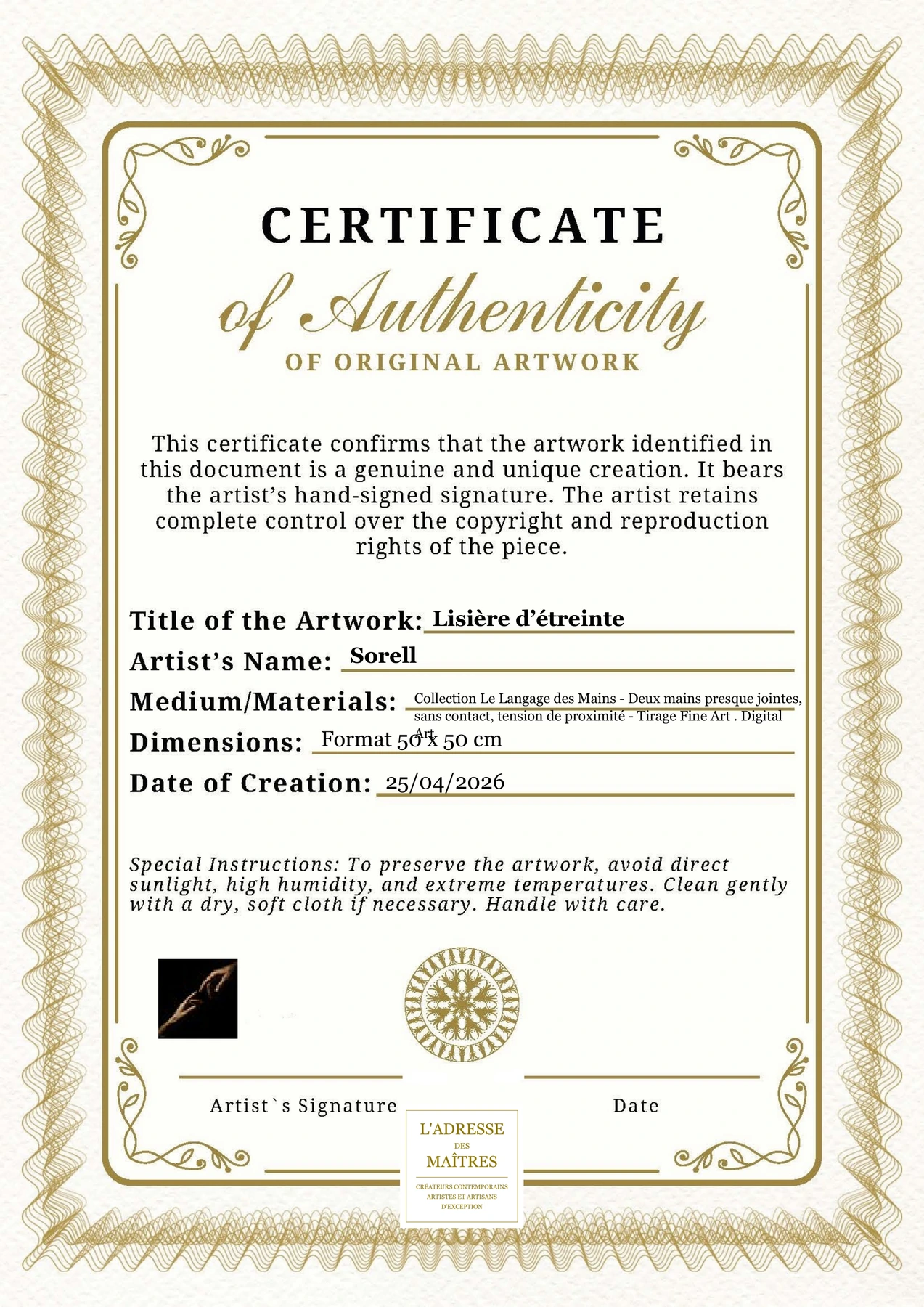 Certificat d'authenticité — Lisière d’étreinte — Sorell