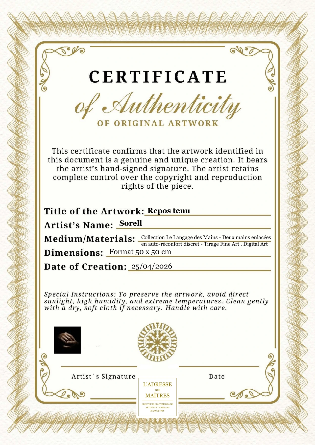 Certificat d'authenticité — Repos tenu — Sorell
