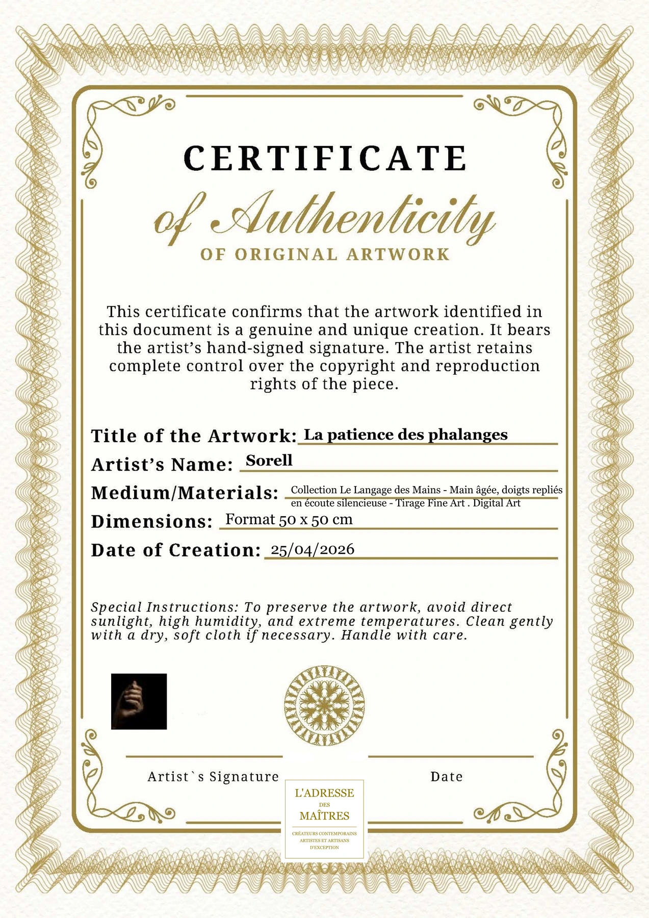 Certificat d'authenticité — La patience des phalanges — Sorell