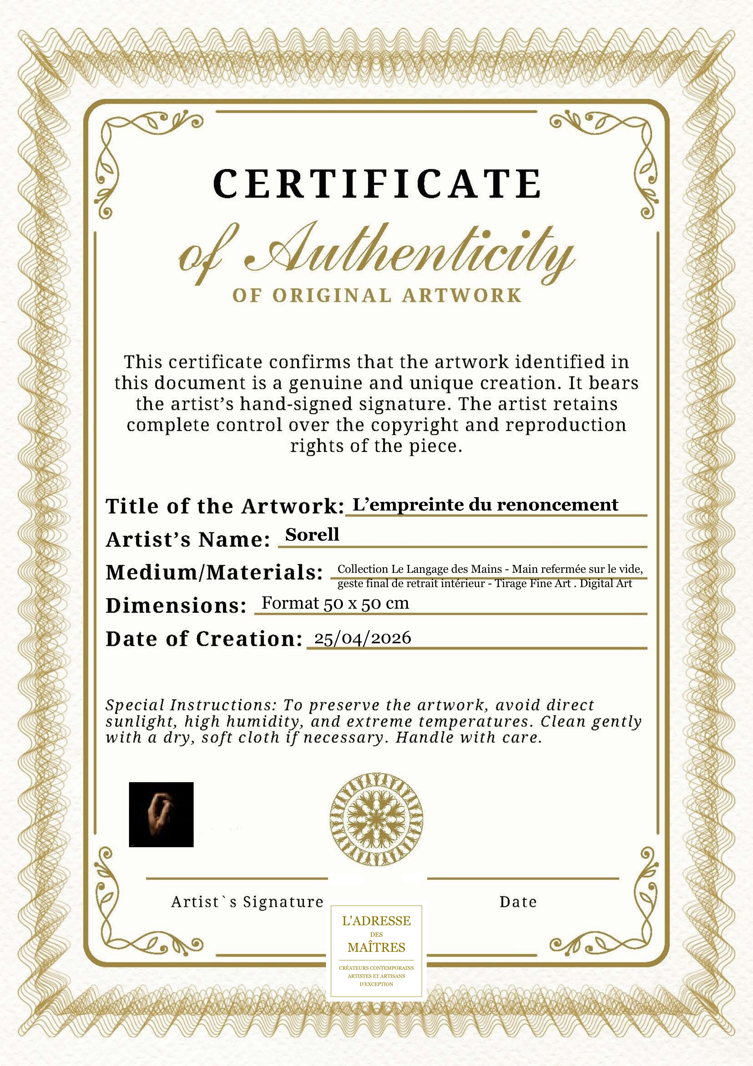 Certificat d'authenticité — L’empreinte du renoncement — Sorell