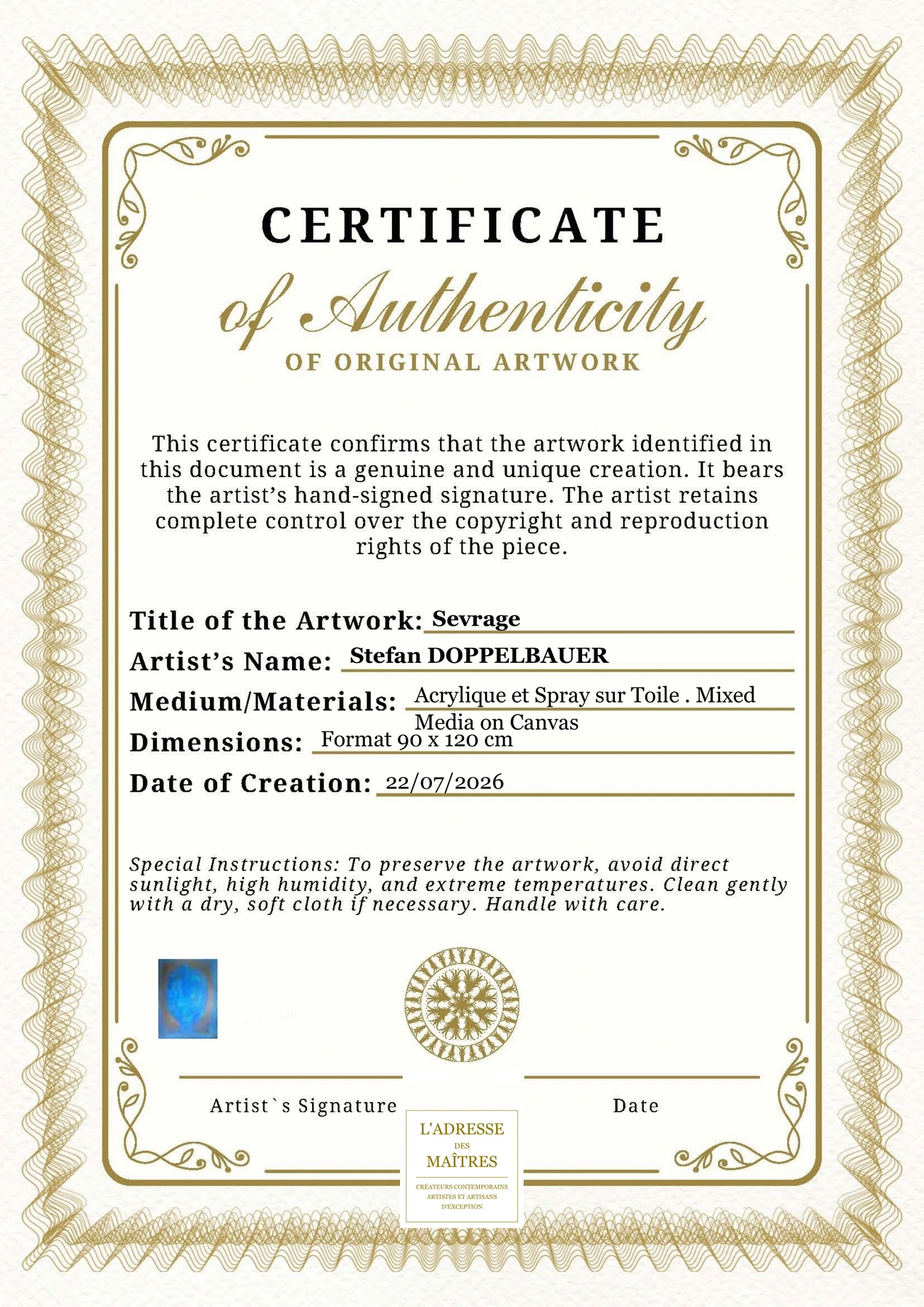 Certificat d'authenticité — Sevrage — Stefan DOPPELBAUER