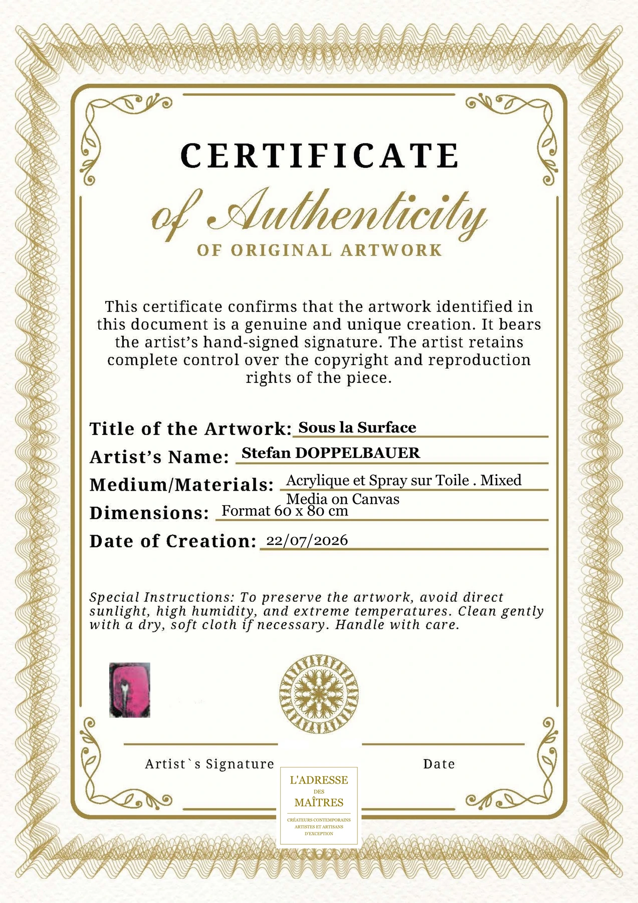 Certificat d'authenticité — Sous la Surface — Stefan DOPPELBAUER