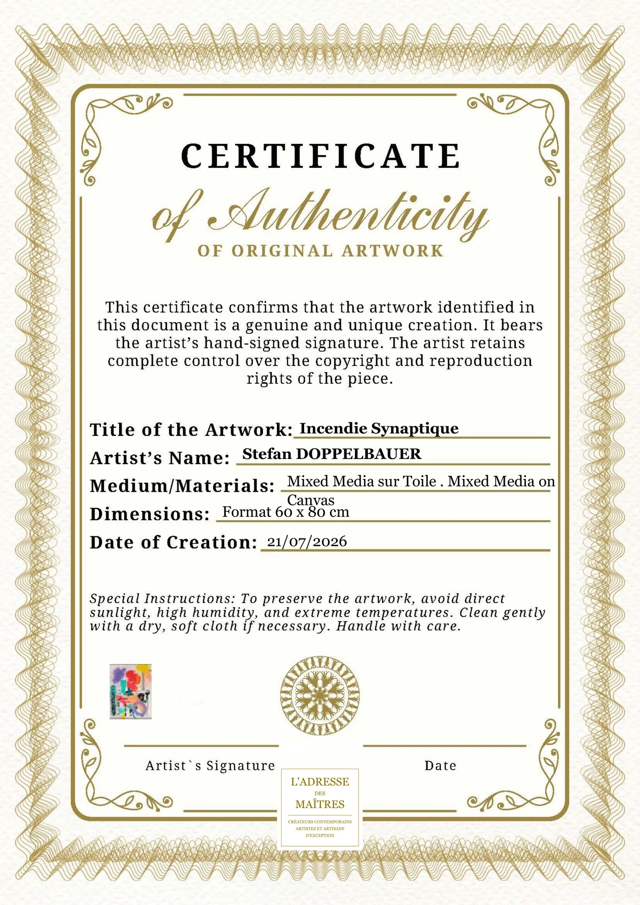 Certificat d'authenticité — Incendie Synaptique — Stefan DOPPELBAUER