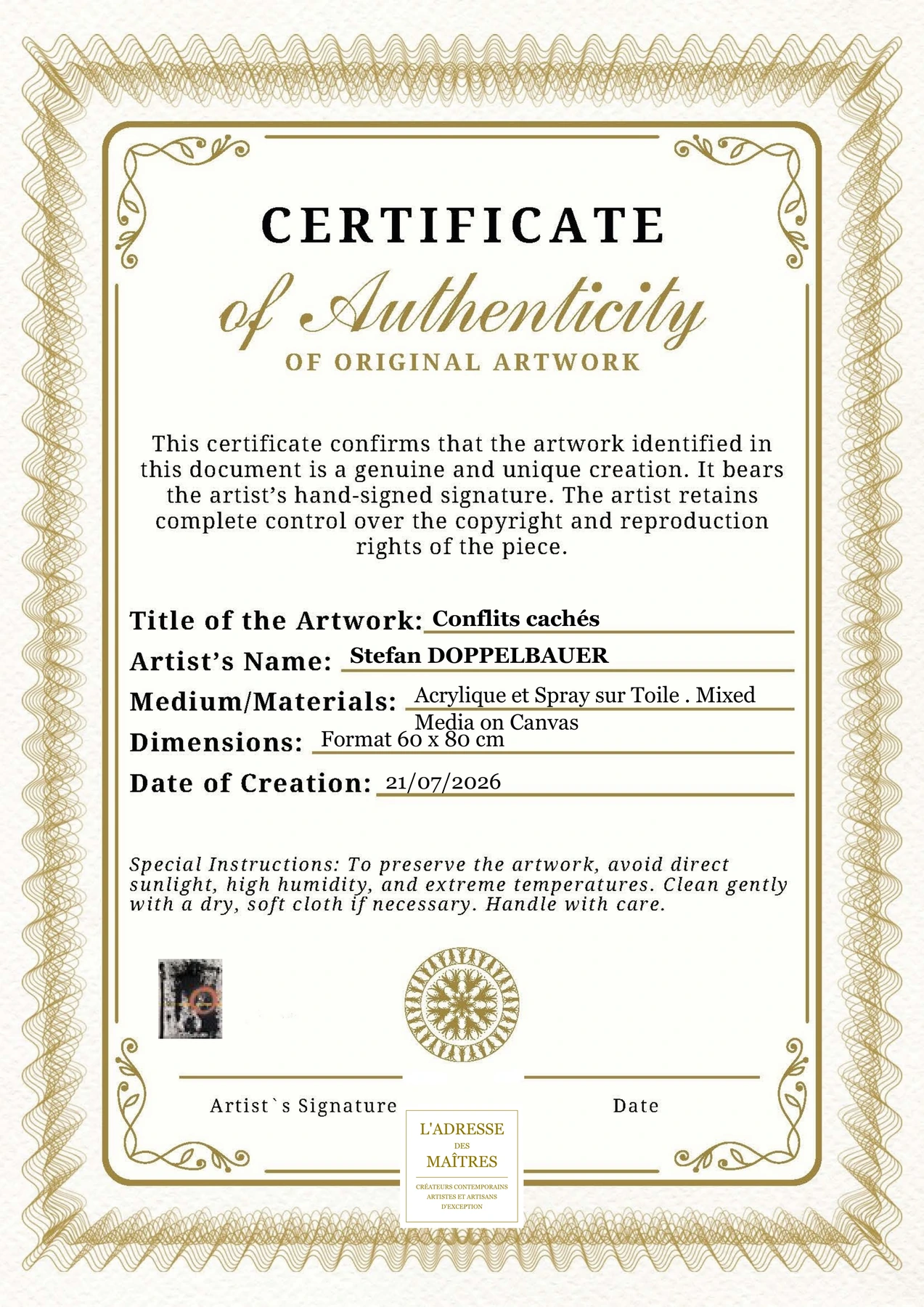 Certificat d'authenticité — Conflits cachés — Stefan DOPPELBAUER