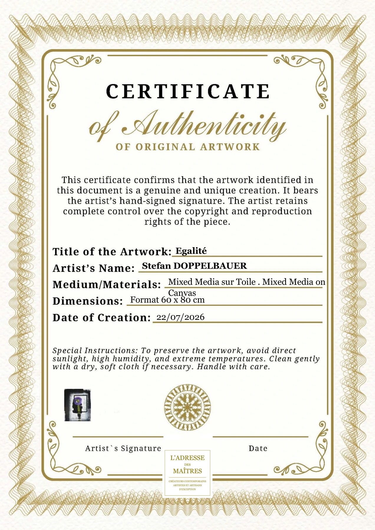 Certificat d'authenticité — Egalité — Stefan DOPPELBAUER