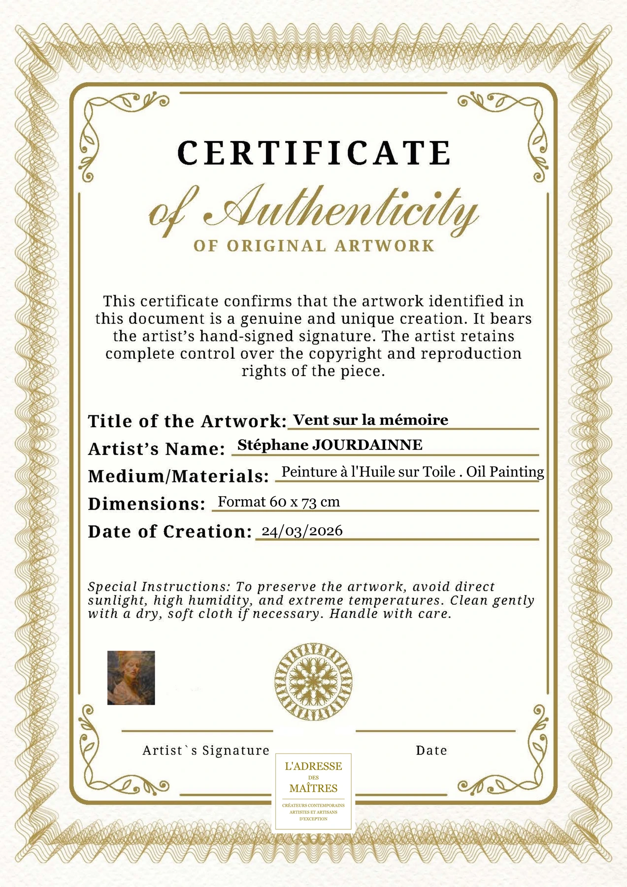 Certificat d'authenticité - Vent sur la mémoire - Stéphane JOURDAINNE