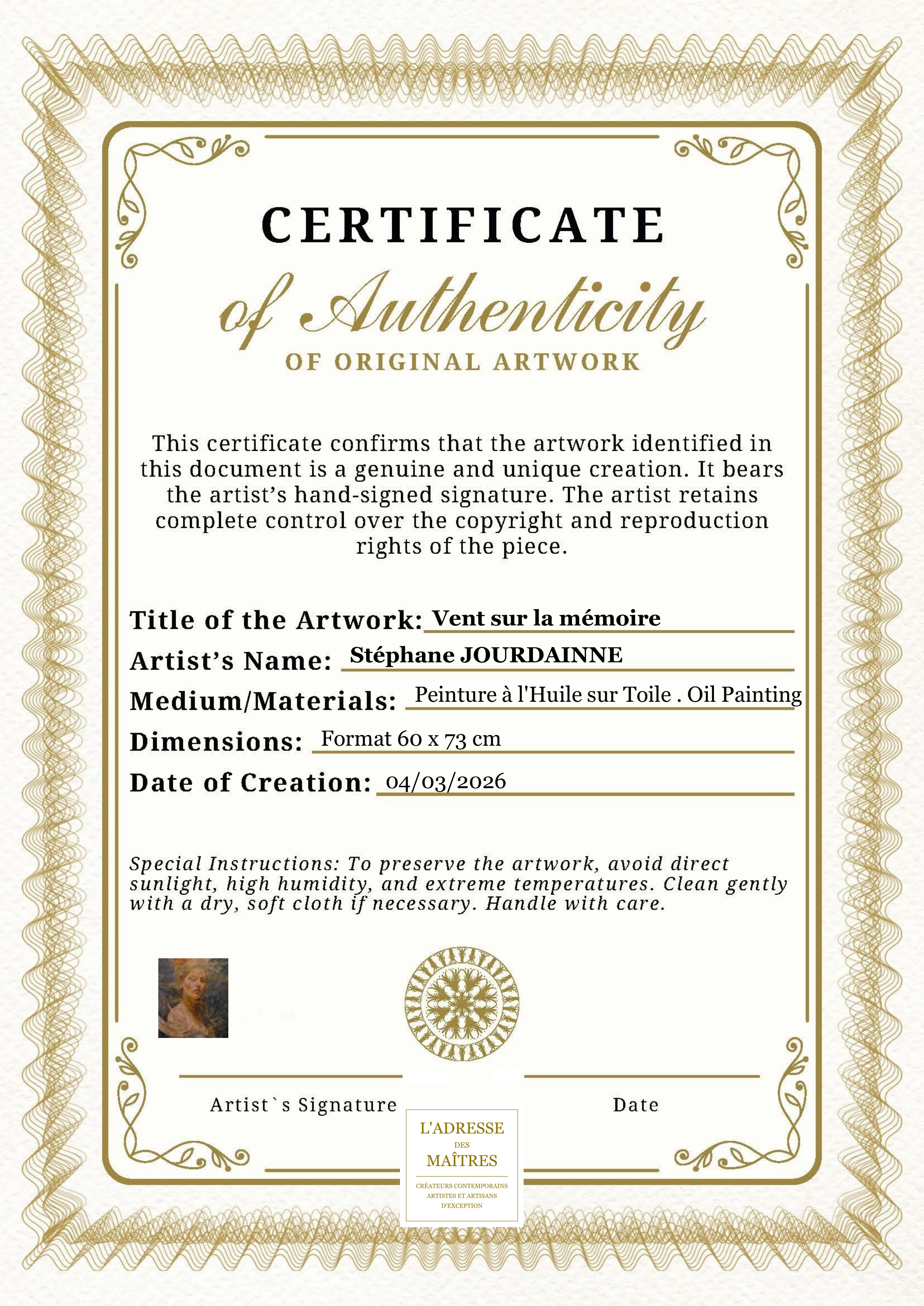 Certificat d'authenticité — Vent sur la mémoire — Stéphane JOURDAINNE