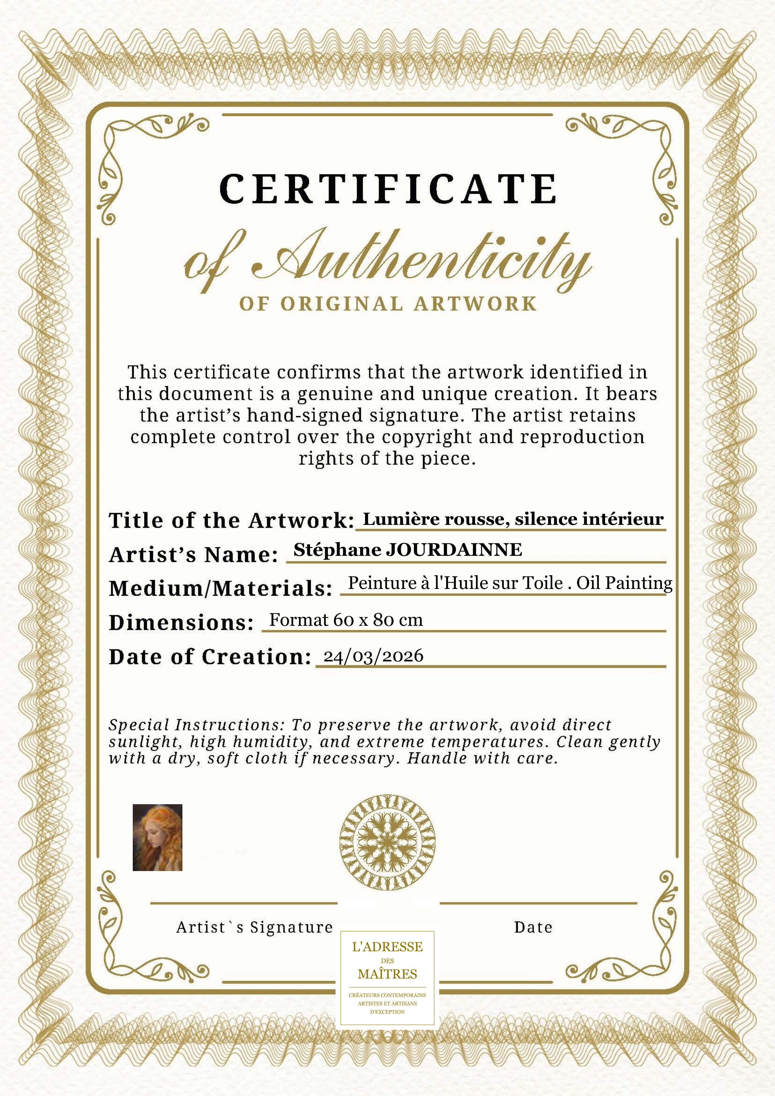 Certificat d'authenticité — Lumière rousse, silence intérieur — Stéphane JOURDAINNE