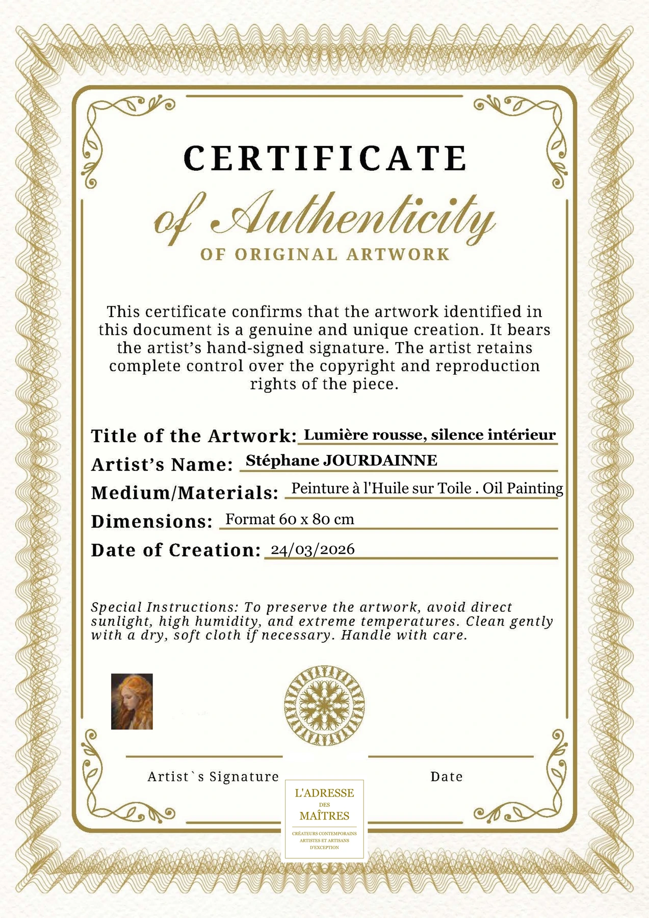 Certificat d'authenticité - Lumière rousse, silence intérieur - Stéphane JOURDAINNE