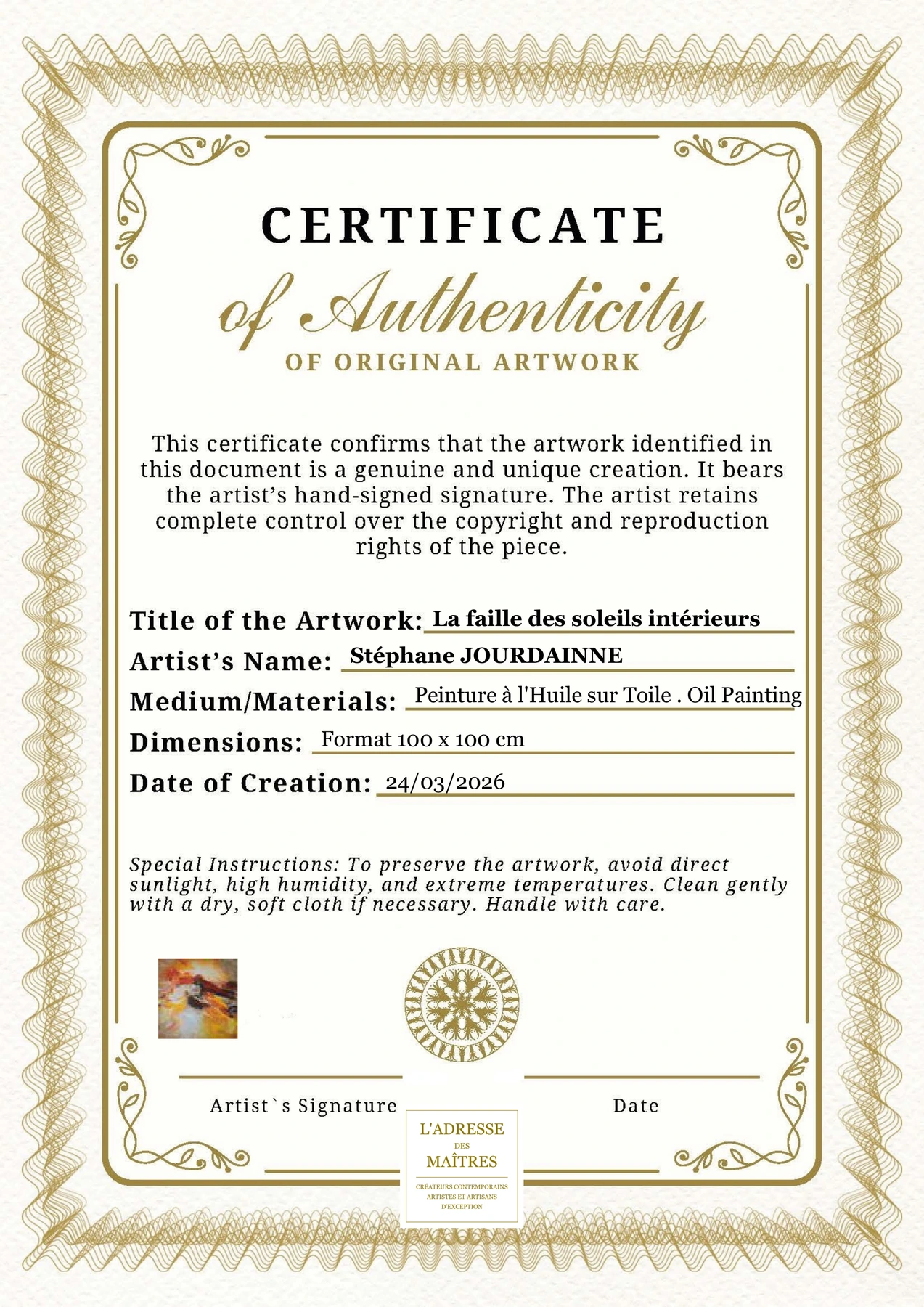 Certificat d'authenticité - La faille des soleils intérieurs - Stéphane JOURDAINNE