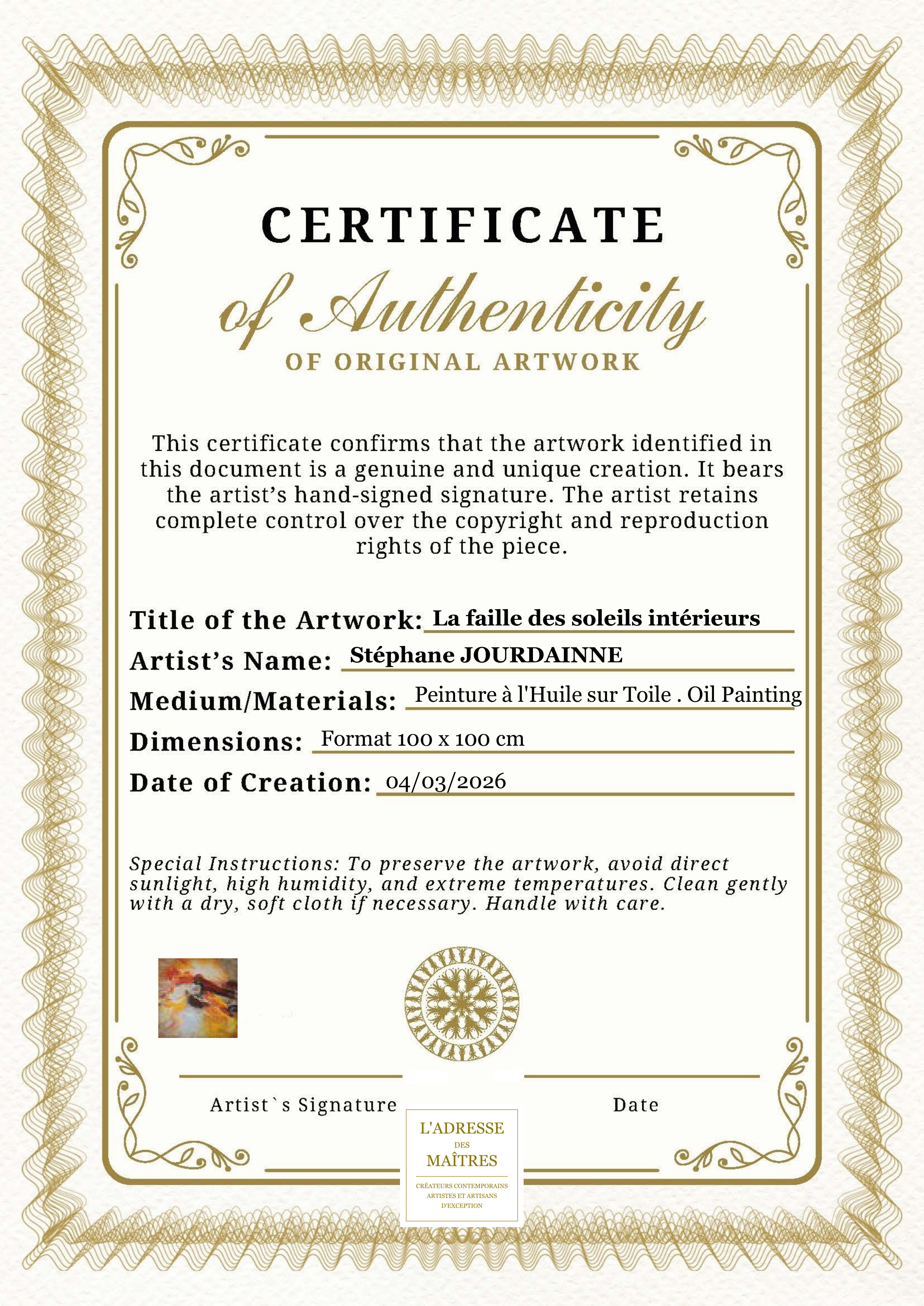 Certificat d'authenticité — La faille des soleils intérieurs — Stéphane JOURDAINNE