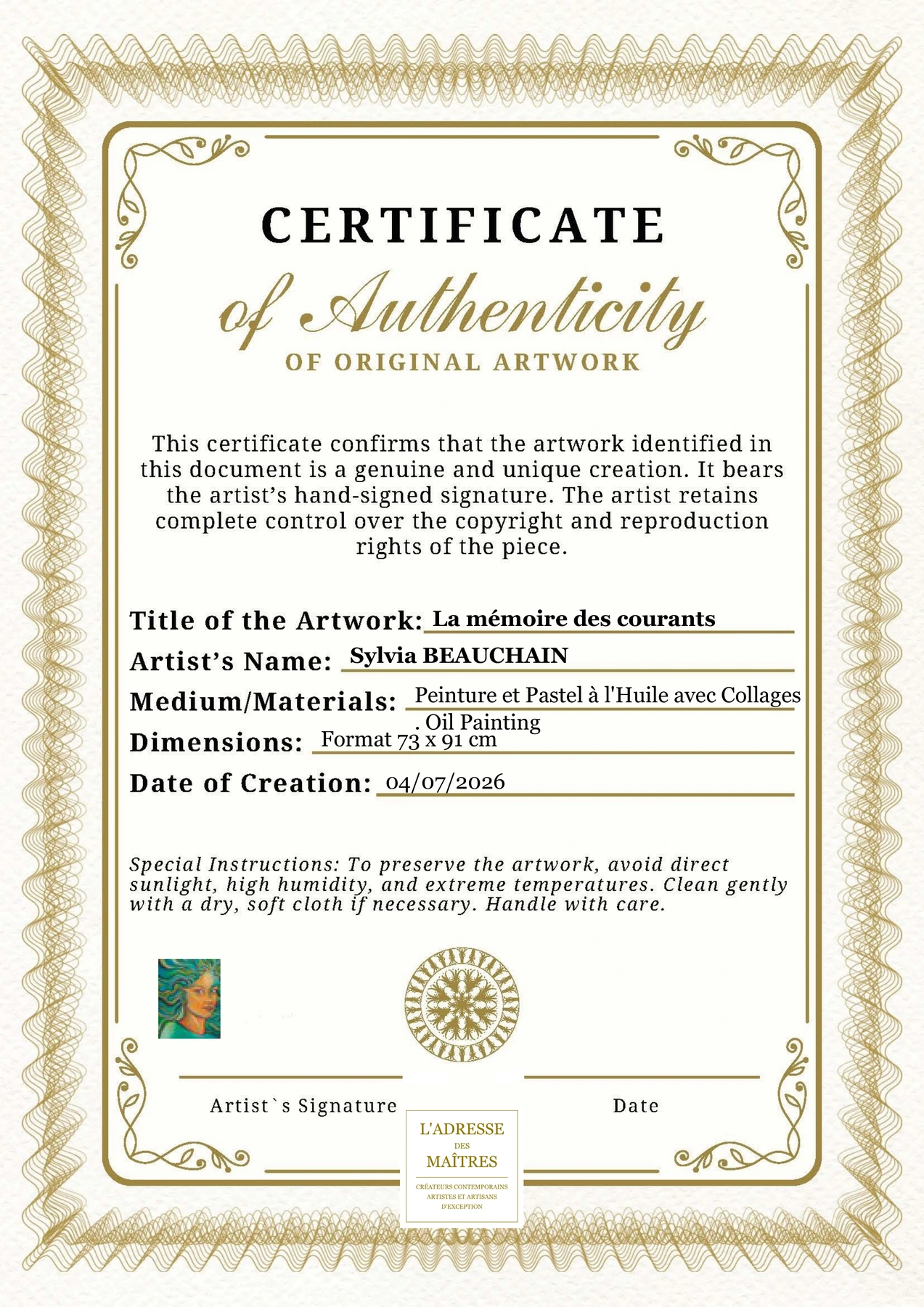 Certificat d'authenticité - La mémoire des courants - Sylvia BEAUCHAIN