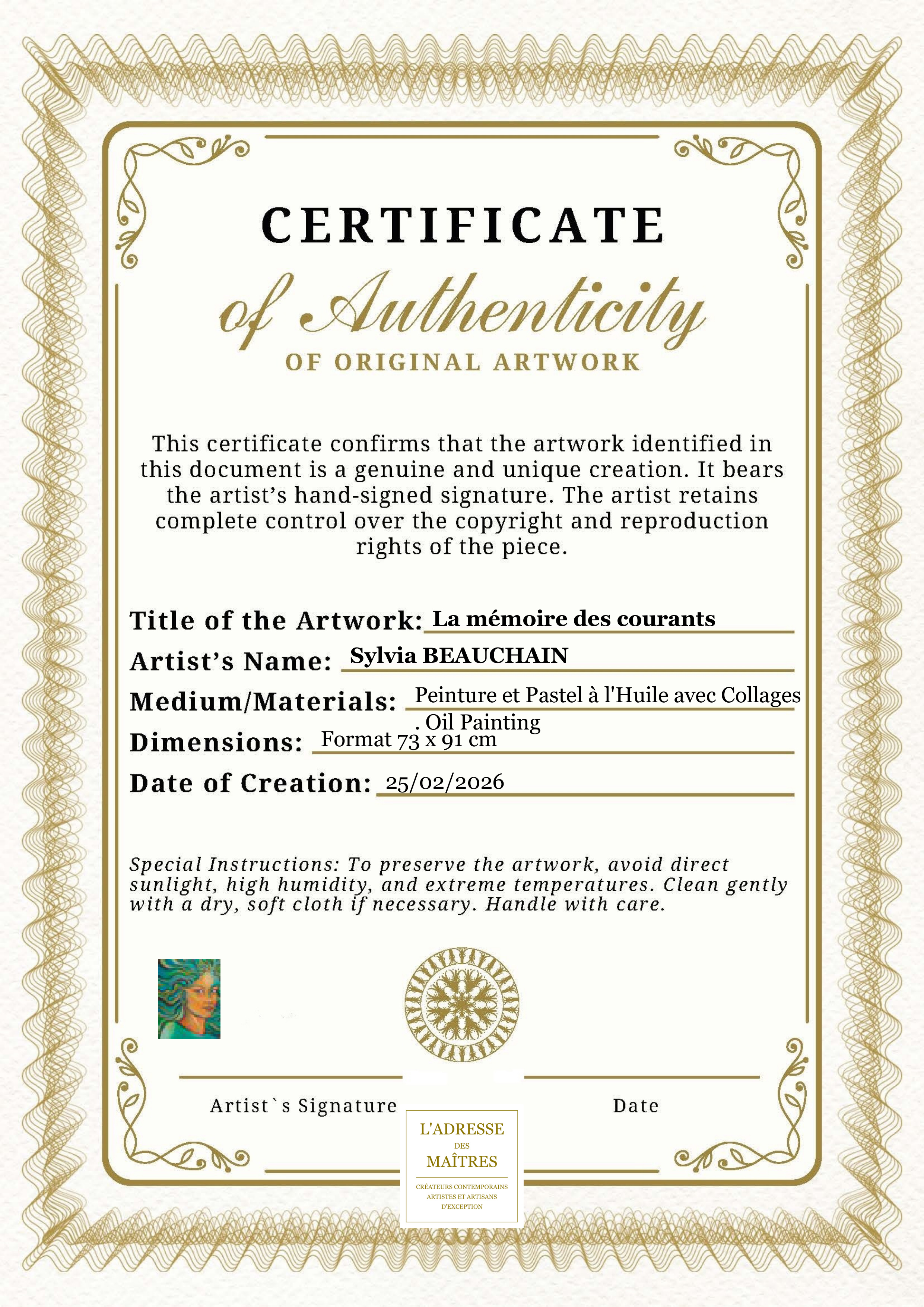 Certificat d'authenticité — La mémoire des courants — Sylvia BEAUCHAIN