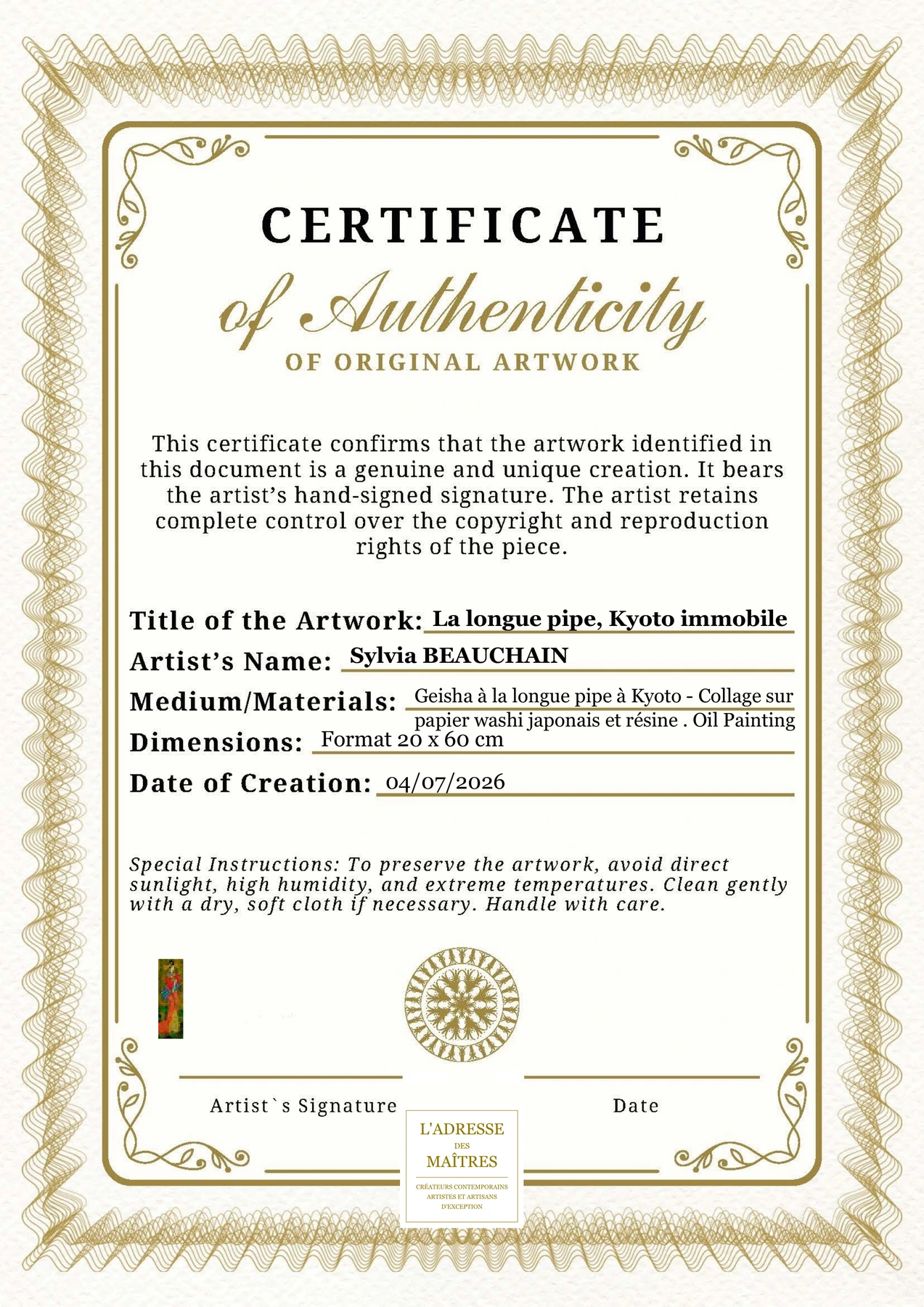 Certificat d'authenticité - La longue pipe, Kyoto immobile - Sylvia BEAUCHAIN