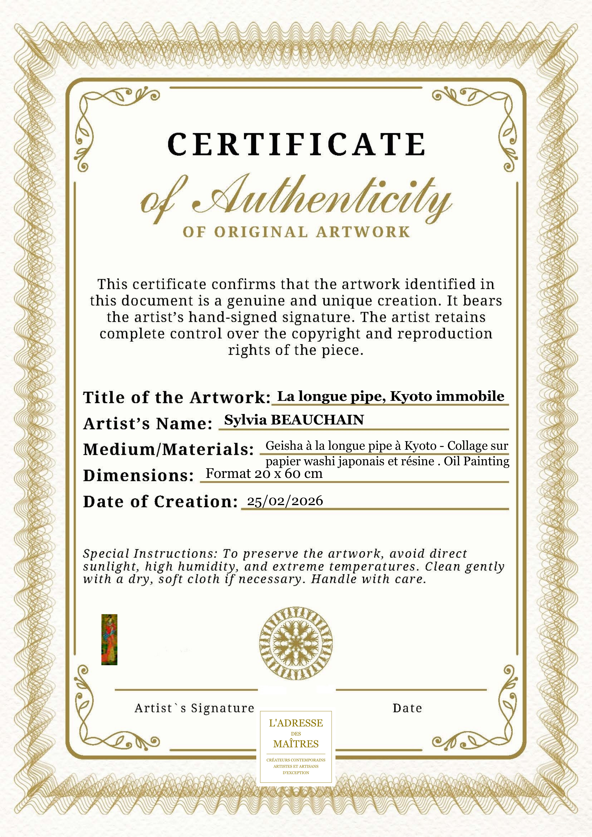 Certificat d'authenticité — La longue pipe, Kyoto immobile — Sylvia BEAUCHAIN