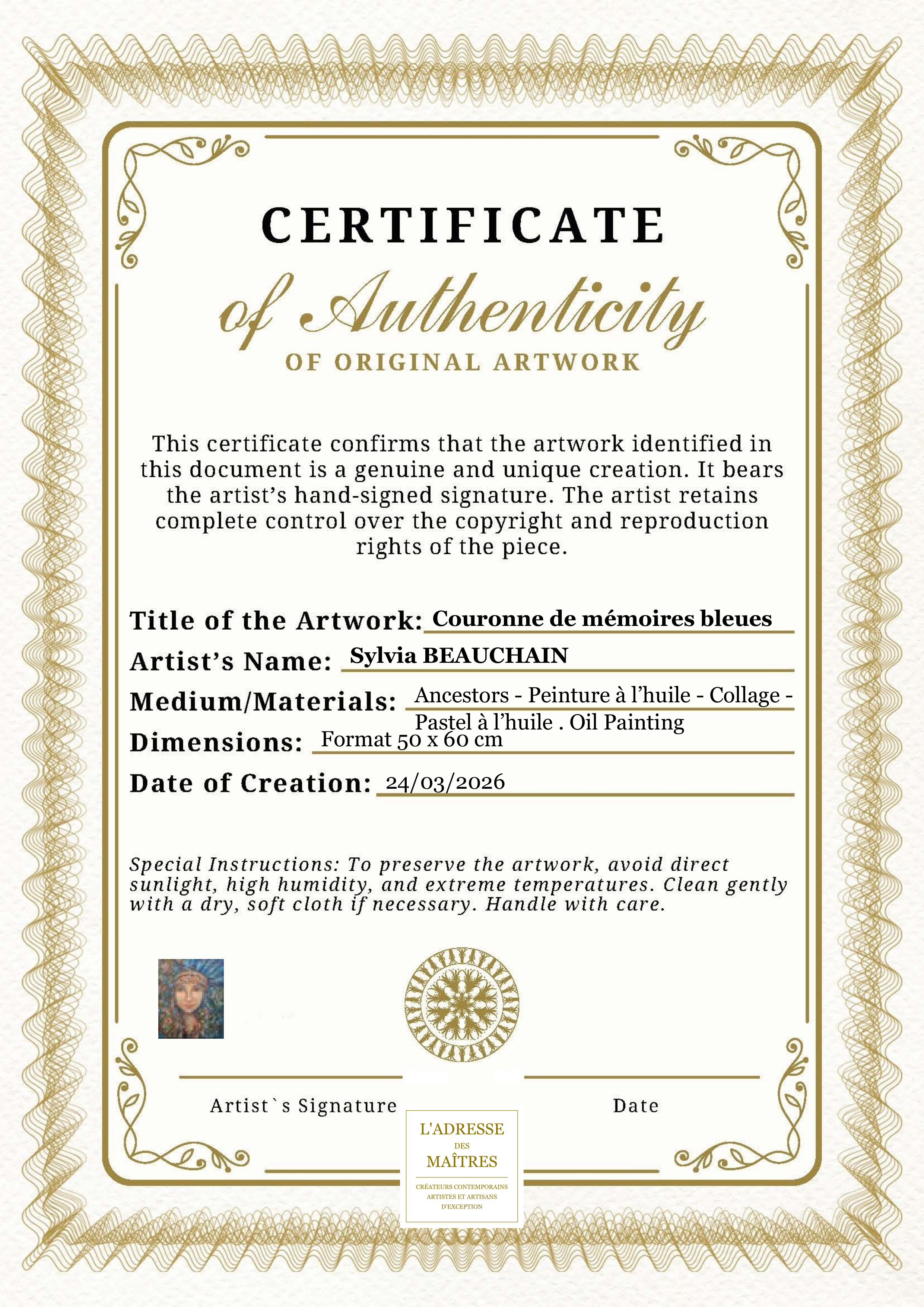 Certificat d'authenticité — Couronne de mémoires bleues — Sylvia BEAUCHAIN