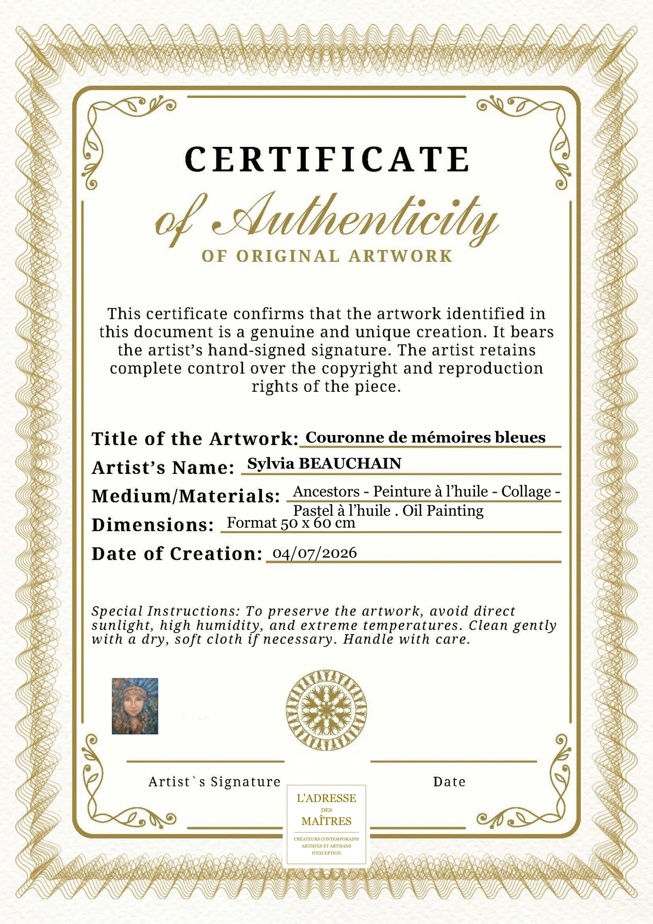 Certificat d'authenticité - Couronne de mémoires bleues - Sylvia BEAUCHAIN