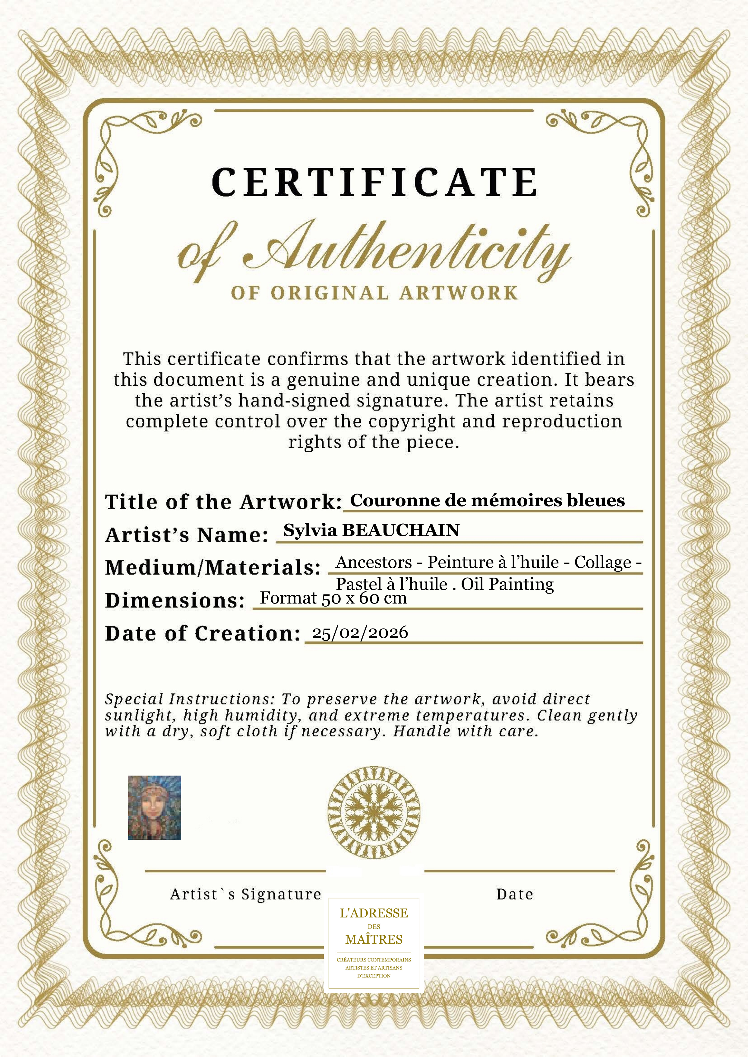 Certificat d'authenticité — Couronne de mémoires bleues — Sylvia BEAUCHAIN