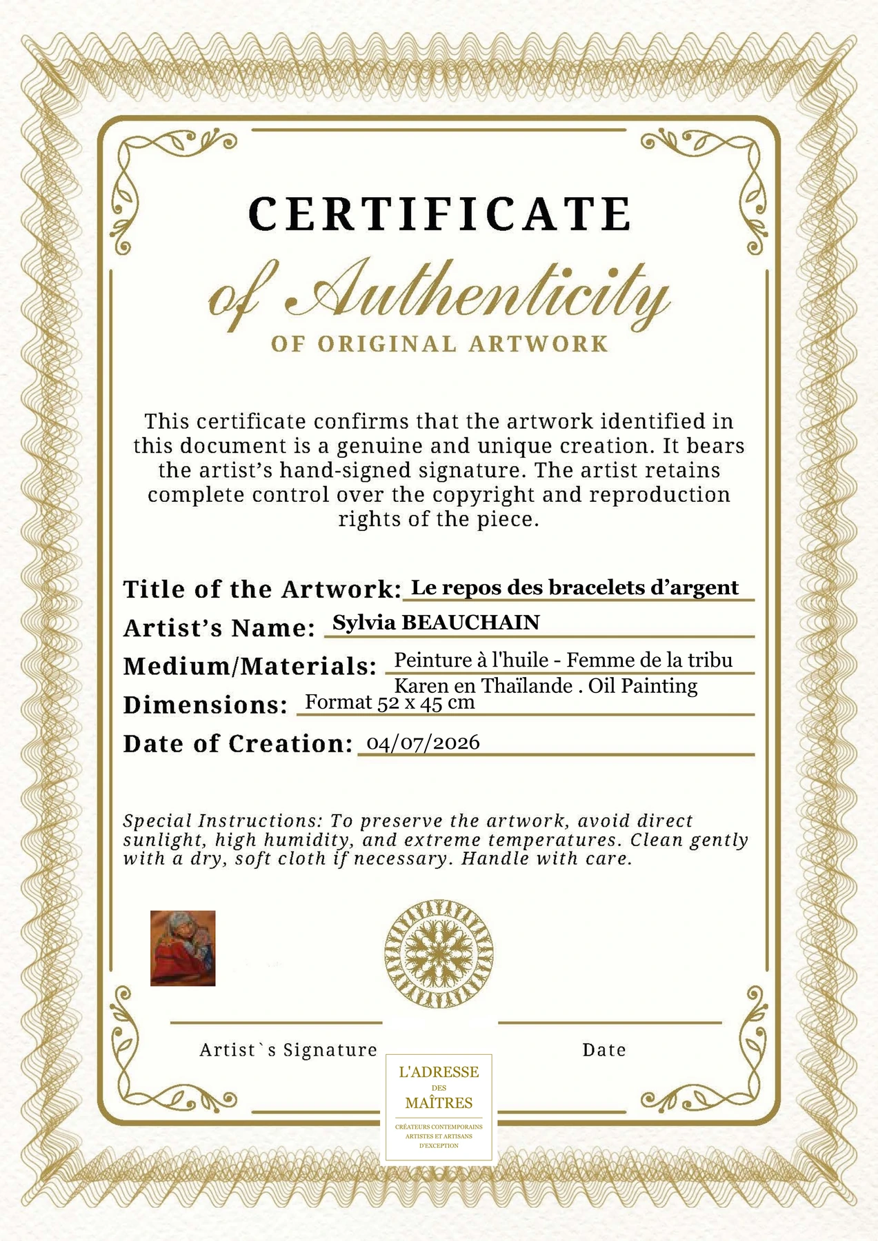 Certificat d'authenticité - Le repos des bracelets d’argent - Sylvia BEAUCHAIN