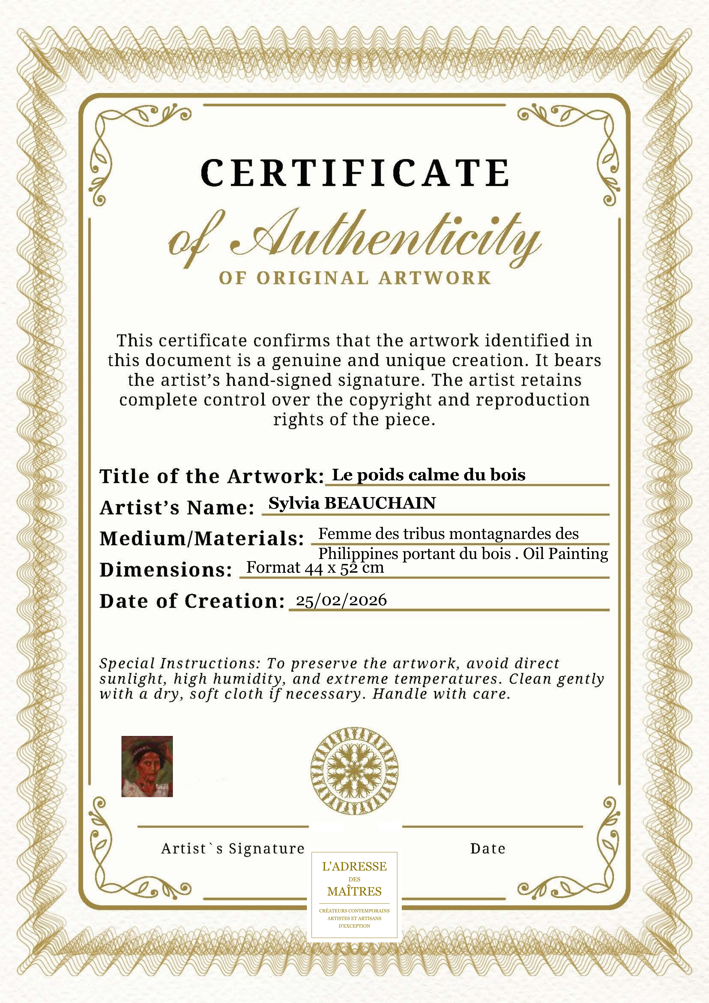 Certificat d'authenticité — Le poids calme du bois — Sylvia BEAUCHAIN