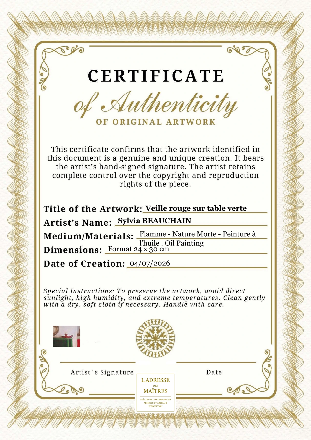 Certificat d'authenticité - Veille rouge sur table verte - Sylvia BEAUCHAIN