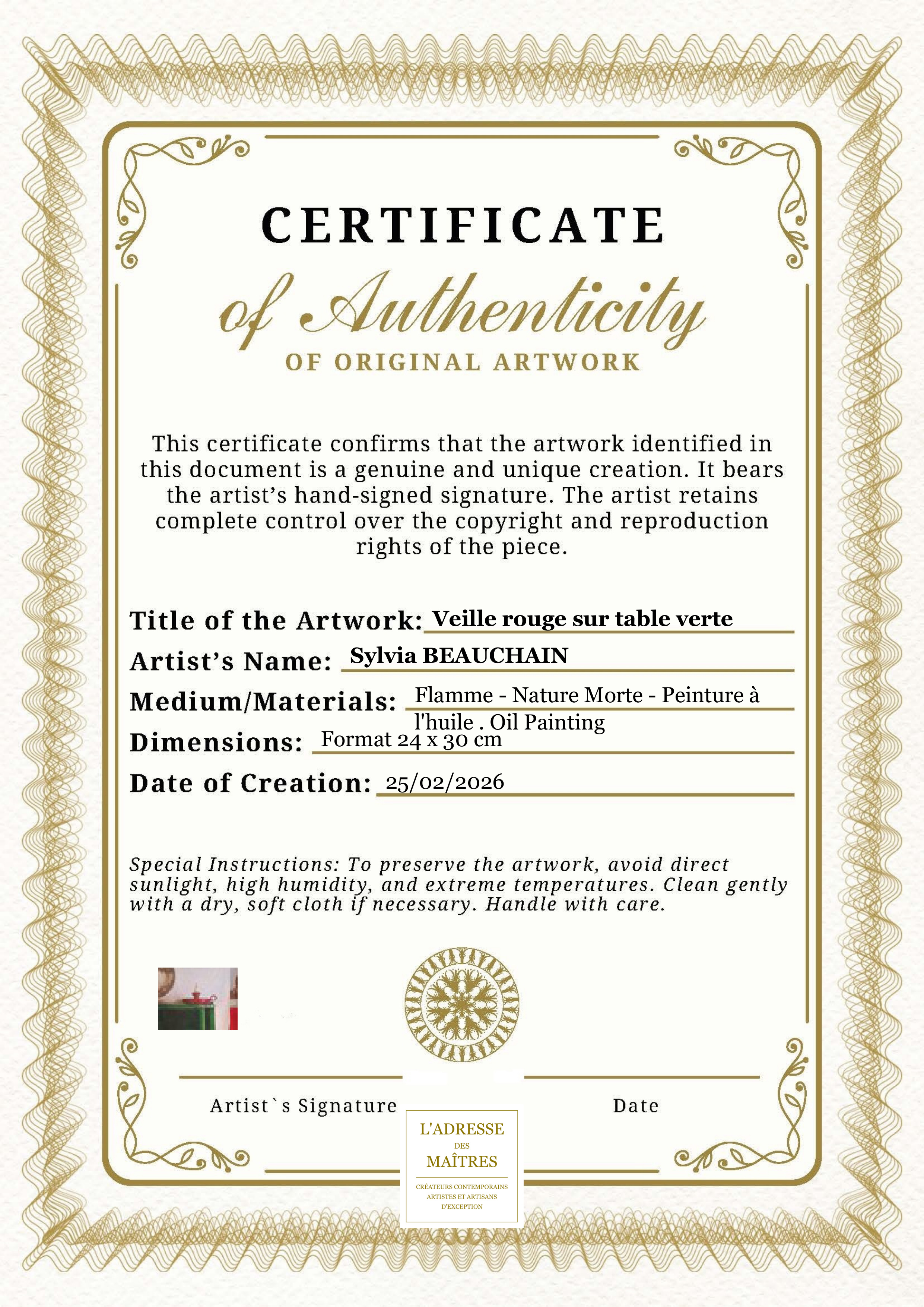 Certificat d'authenticité — Veille rouge sur table verte — Sylvia BEAUCHAIN