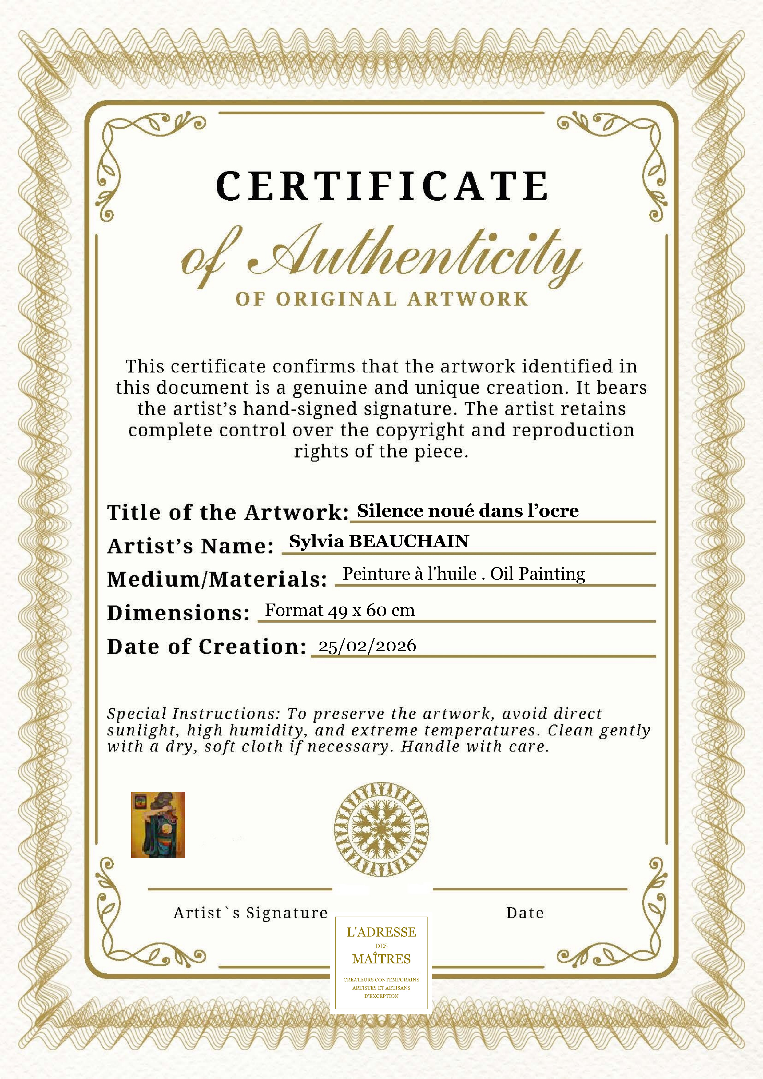 Certificat d'authenticité — Silence noué dans l’ocre — Sylvia BEAUCHAIN