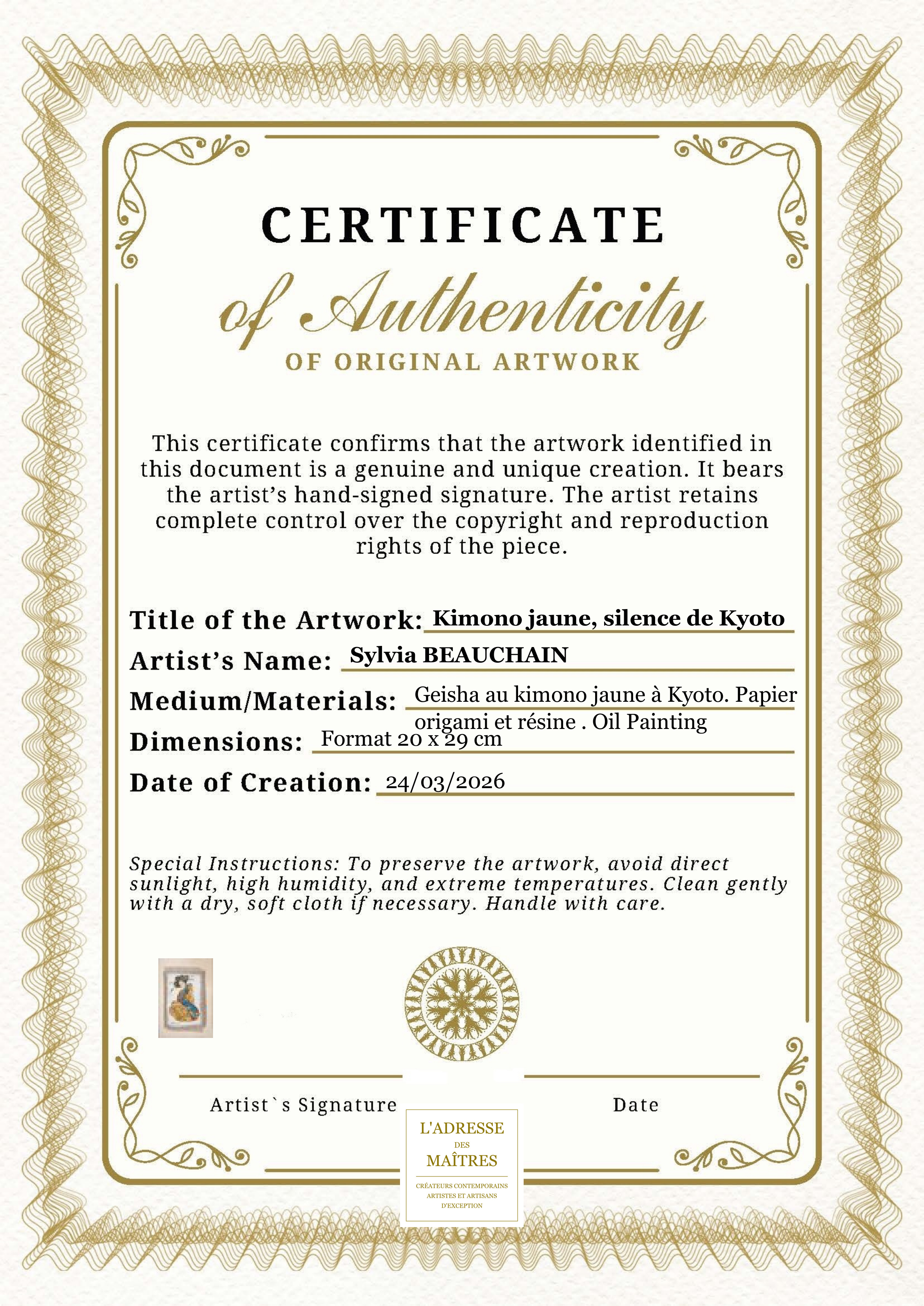 Certificat d'authenticité — Kimono jaune, silence de Kyoto — Sylvia BEAUCHAIN