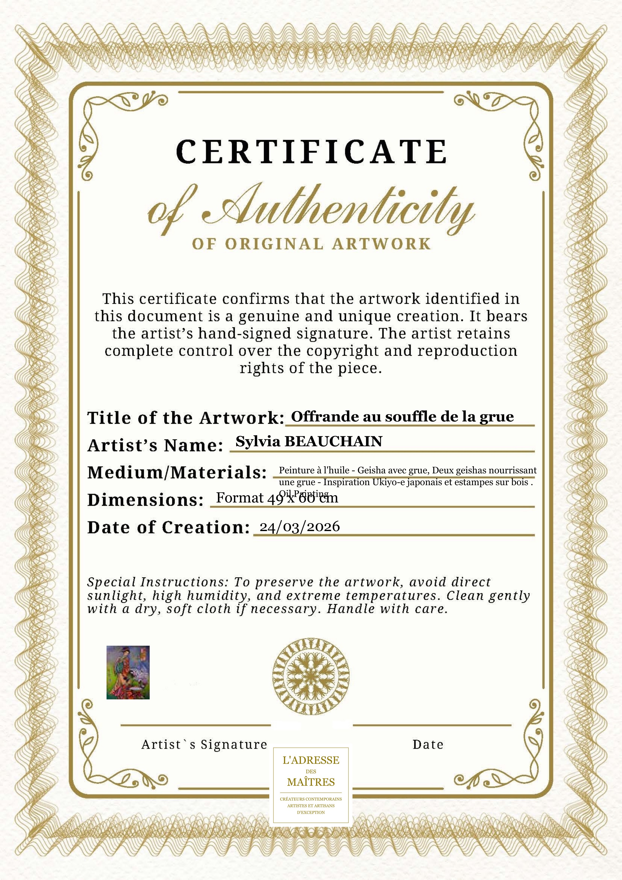 Certificat d'authenticité — Offrande au souffle de la grue — Sylvia BEAUCHAIN