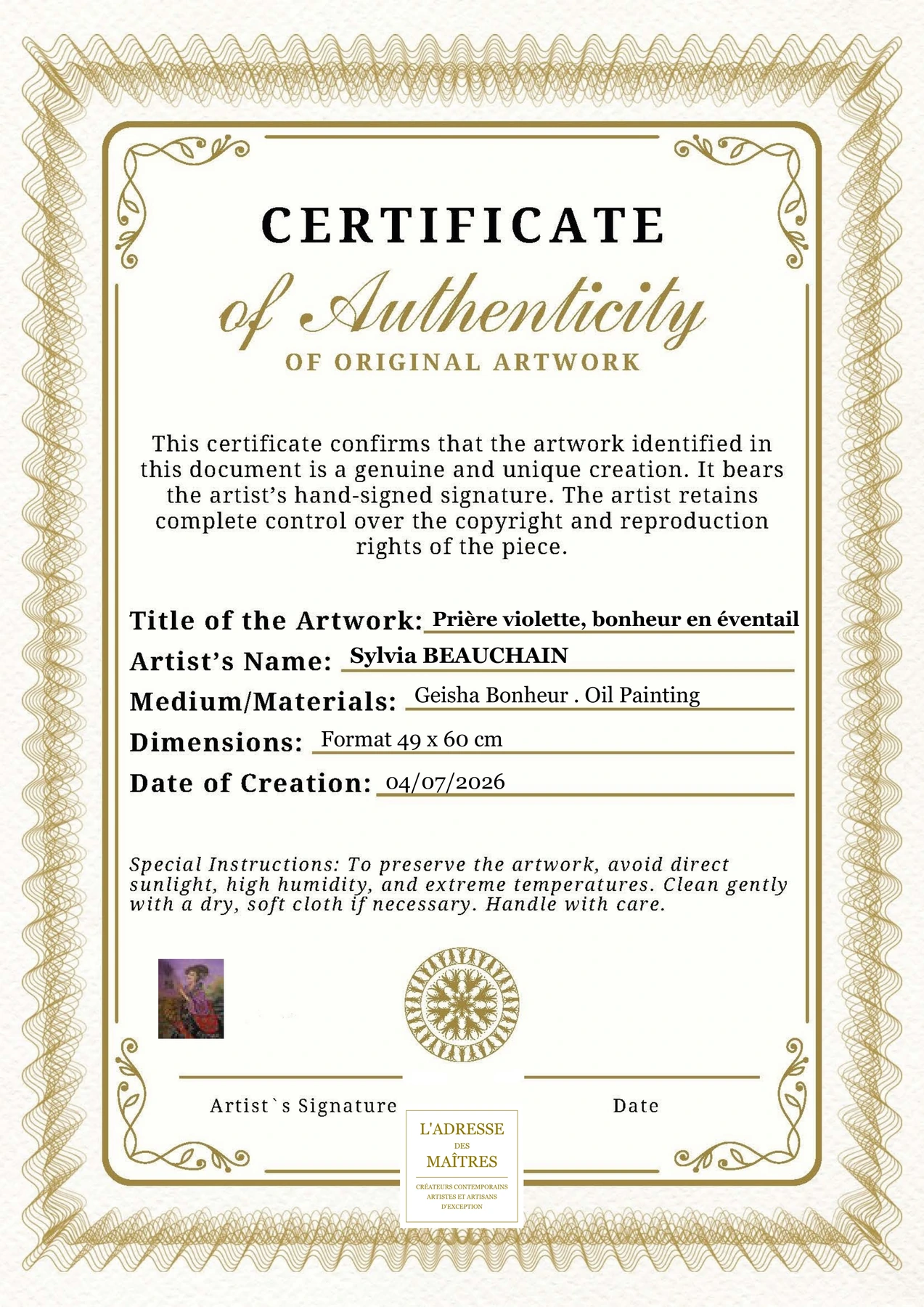 Certificat d'authenticité - Prière violette, bonheur en éventail - Sylvia BEAUCHAIN