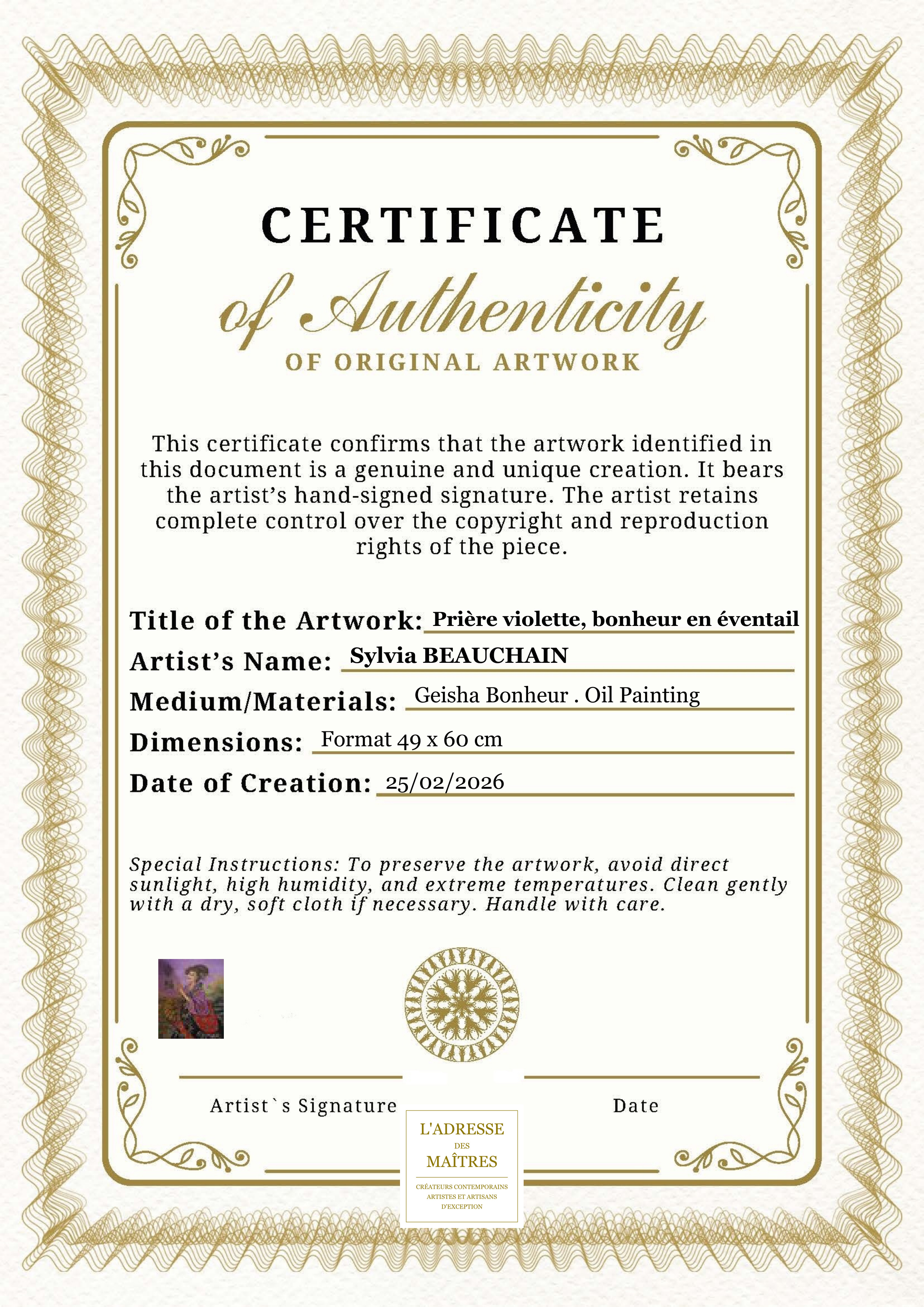 Certificat d'authenticité — Prière violette, bonheur en éventail — Sylvia BEAUCHAIN