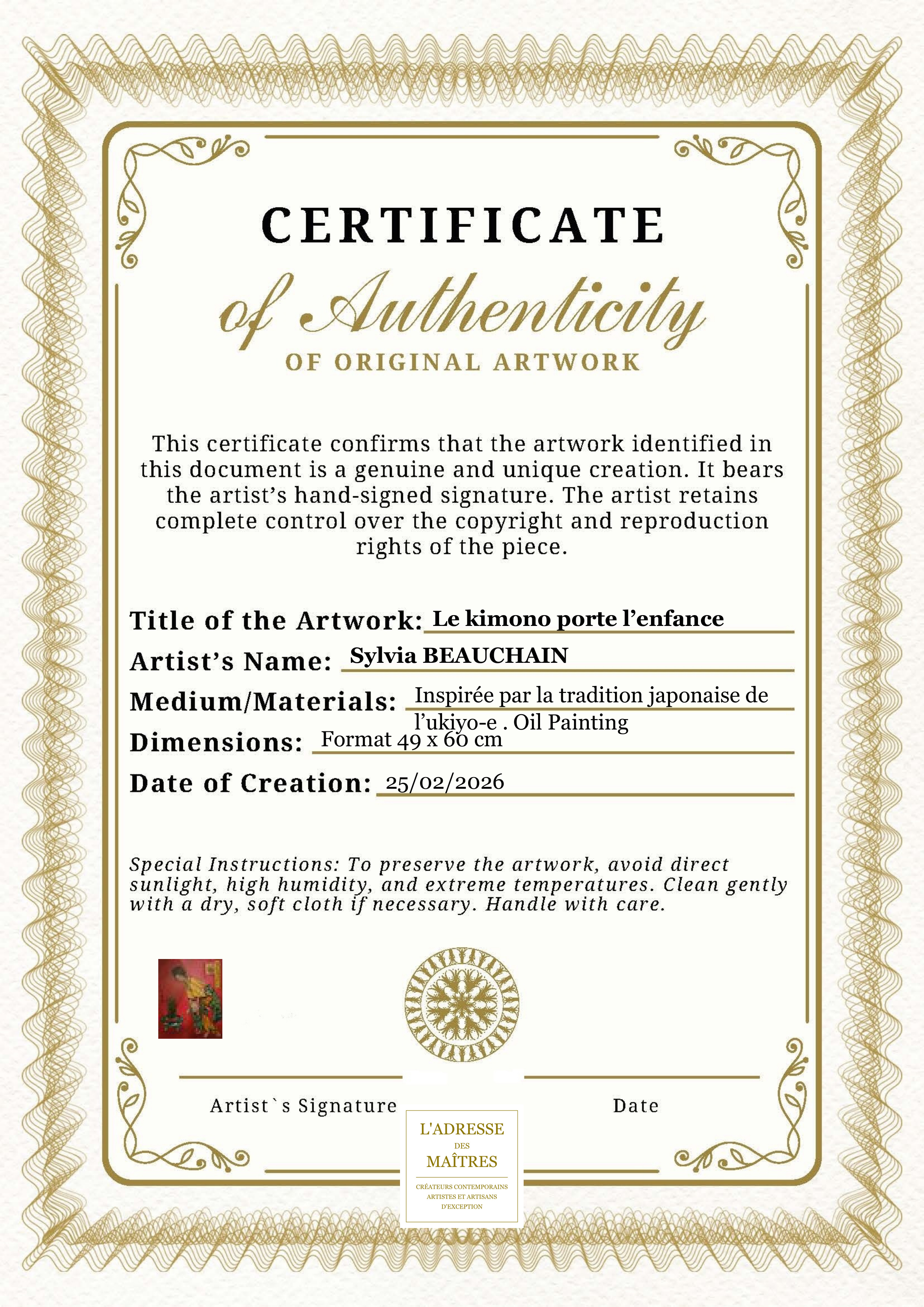 Certificat d'authenticité — Le kimono porte l’enfance — Sylvia BEAUCHAIN