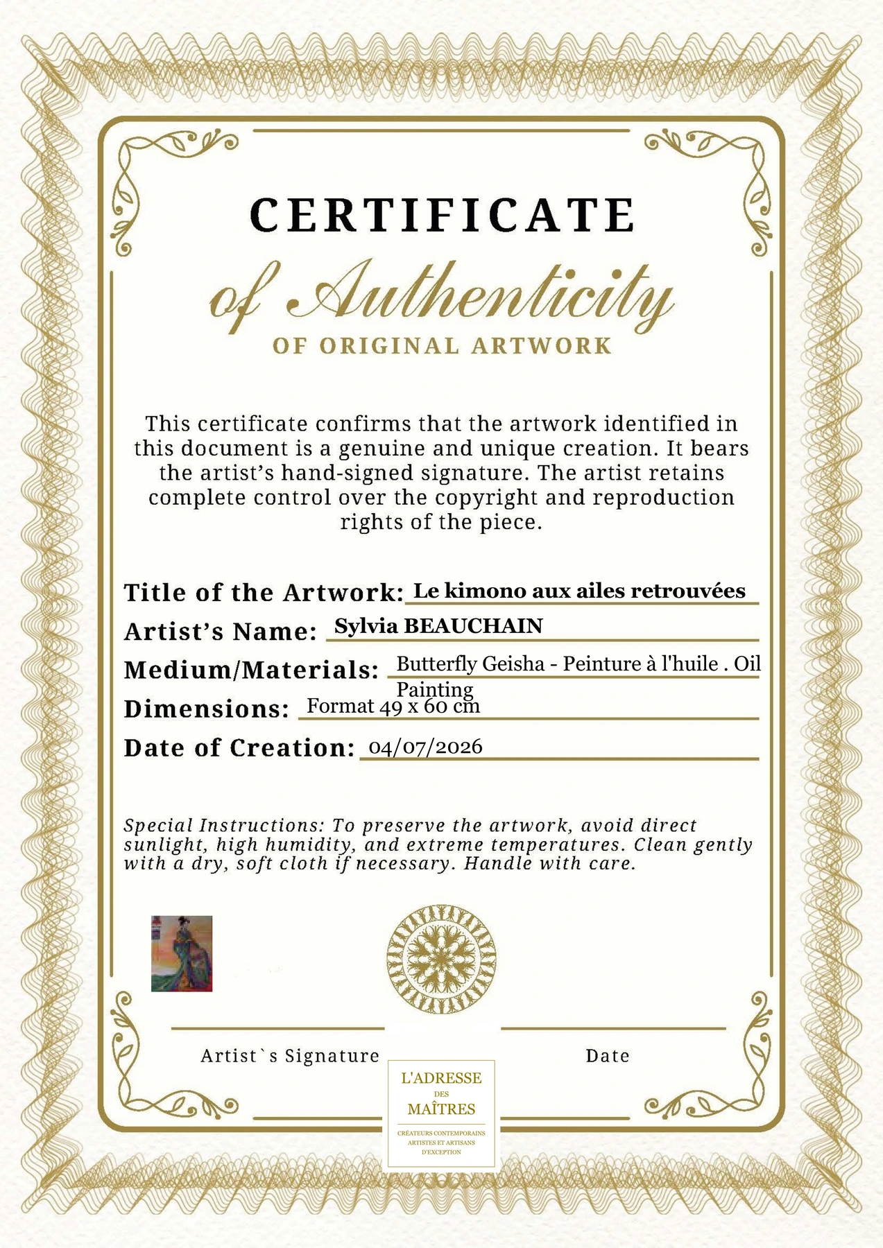 Certificat d'authenticité - Le kimono aux ailes retrouvées - Sylvia BEAUCHAIN