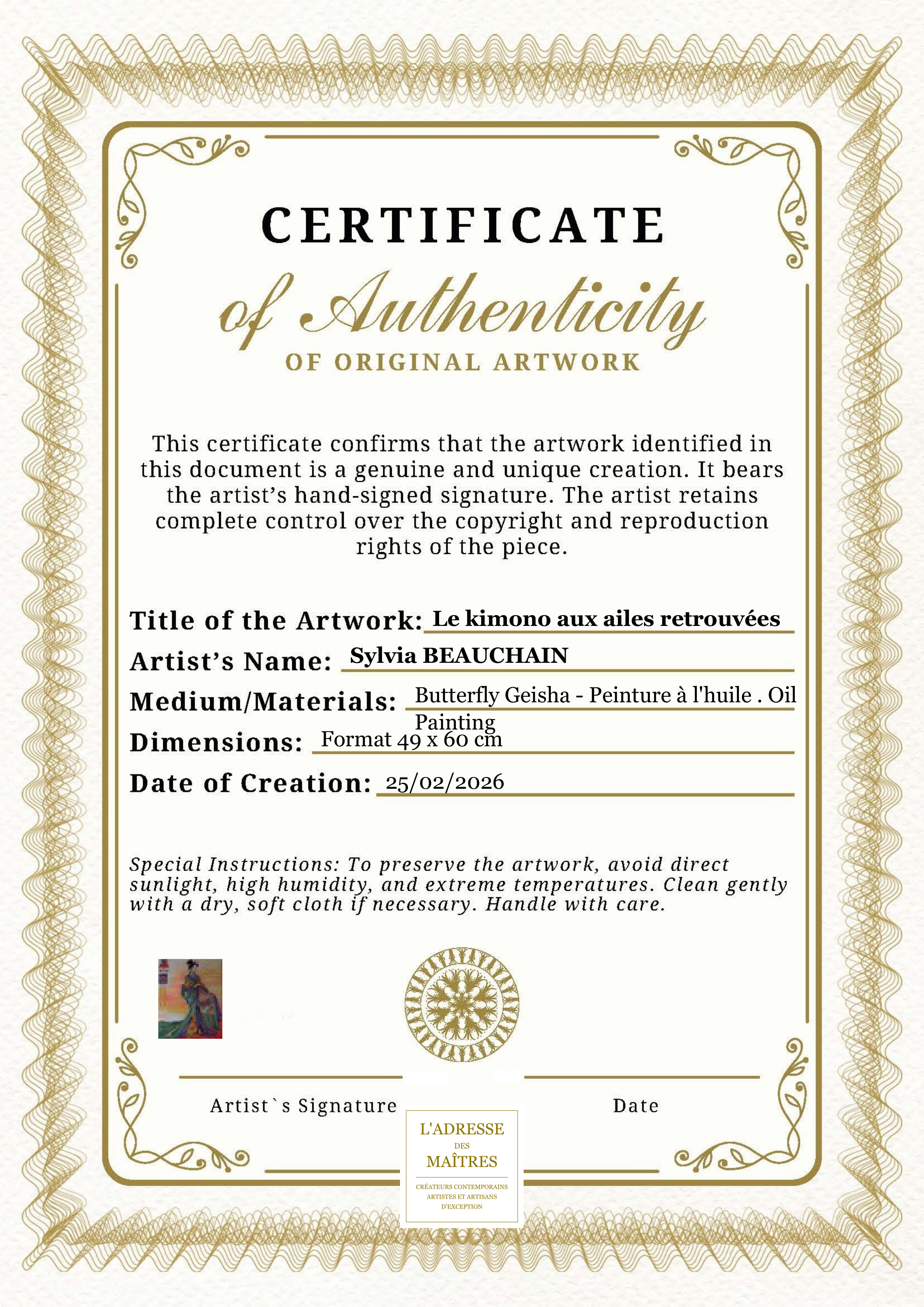 Certificat d'authenticité — Le kimono aux ailes retrouvées — Sylvia BEAUCHAIN