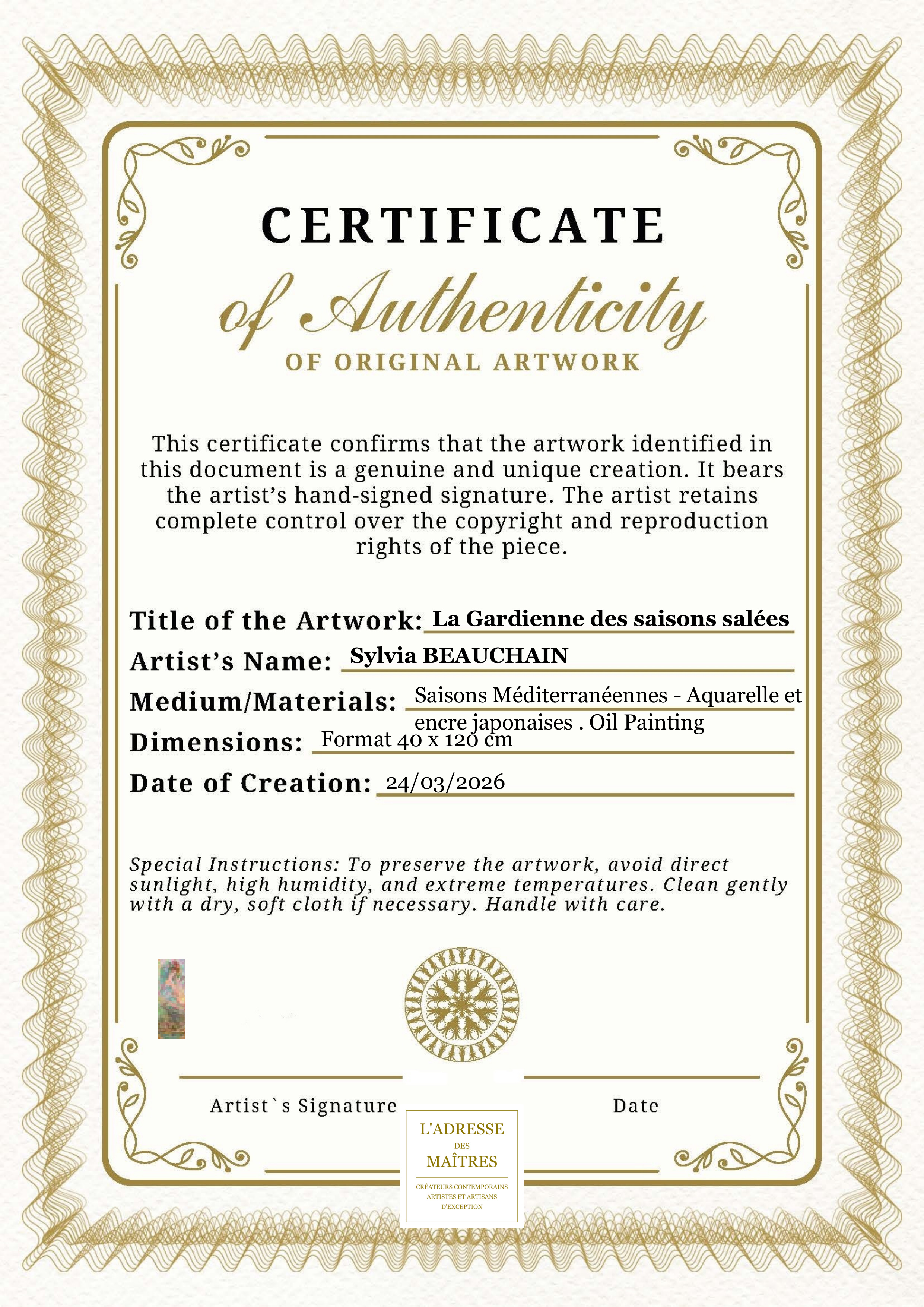 Certificat d'authenticité — La Gardienne des saisons salées — Sylvia BEAUCHAIN
