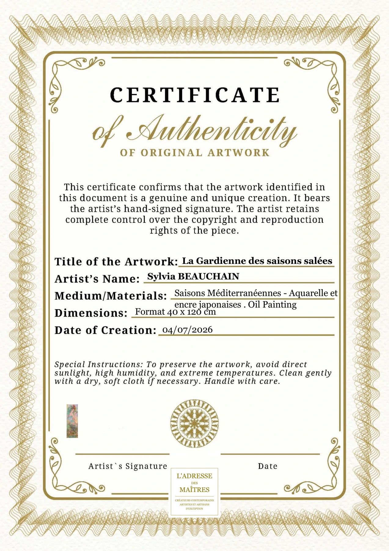 Certificat d'authenticité - La Gardienne des saisons salées - Sylvia BEAUCHAIN