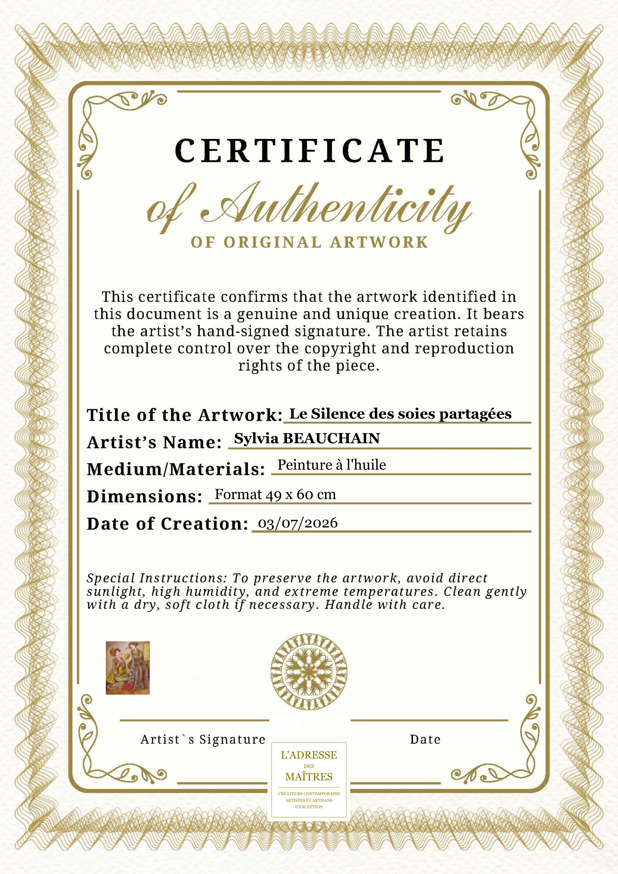 Certificat d'authenticité — Le Silence des soies partagées — Sylvia BEAUCHAIN