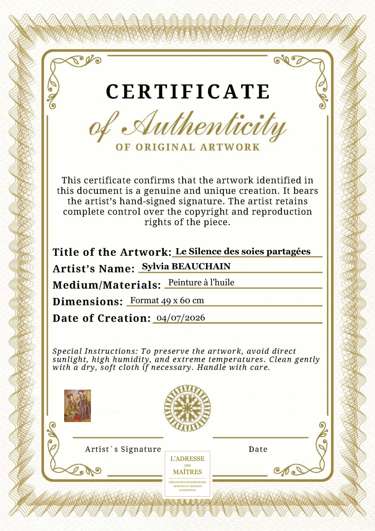 Certificat d'authenticité - Le Silence des soies partagées - Sylvia BEAUCHAIN