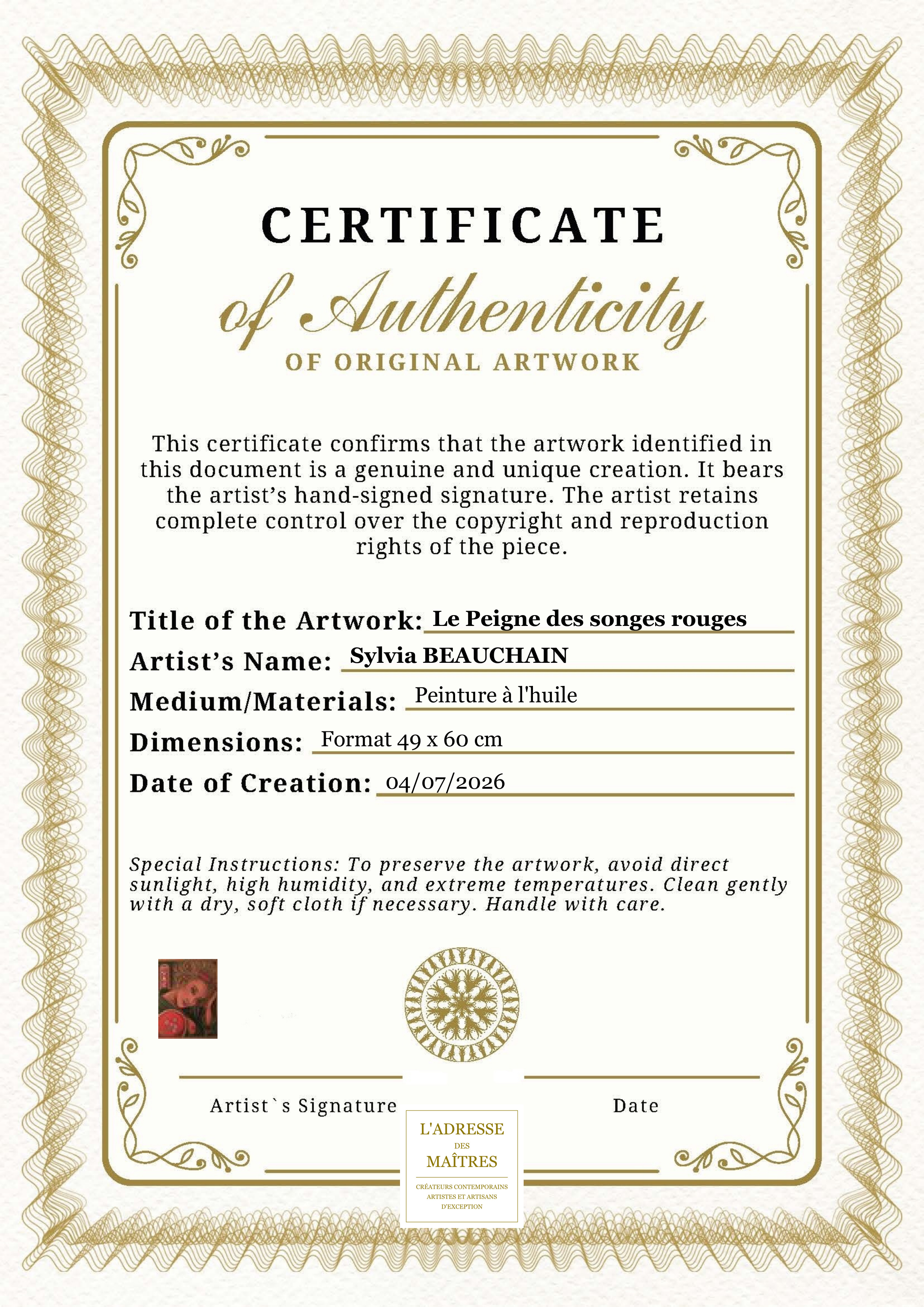 Certificat d'authenticité — Le Peigne des songes rouges — Sylvia BEAUCHAIN