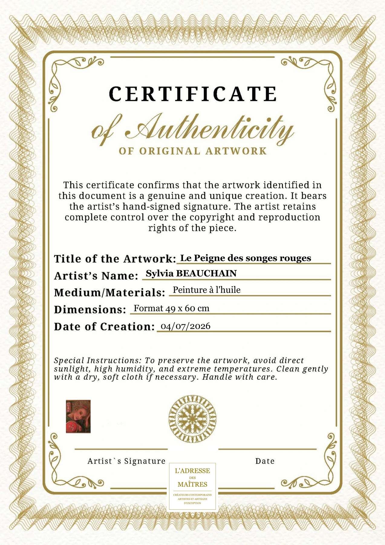 Certificat d'authenticité - Le Peigne des songes rouges - Sylvia BEAUCHAIN