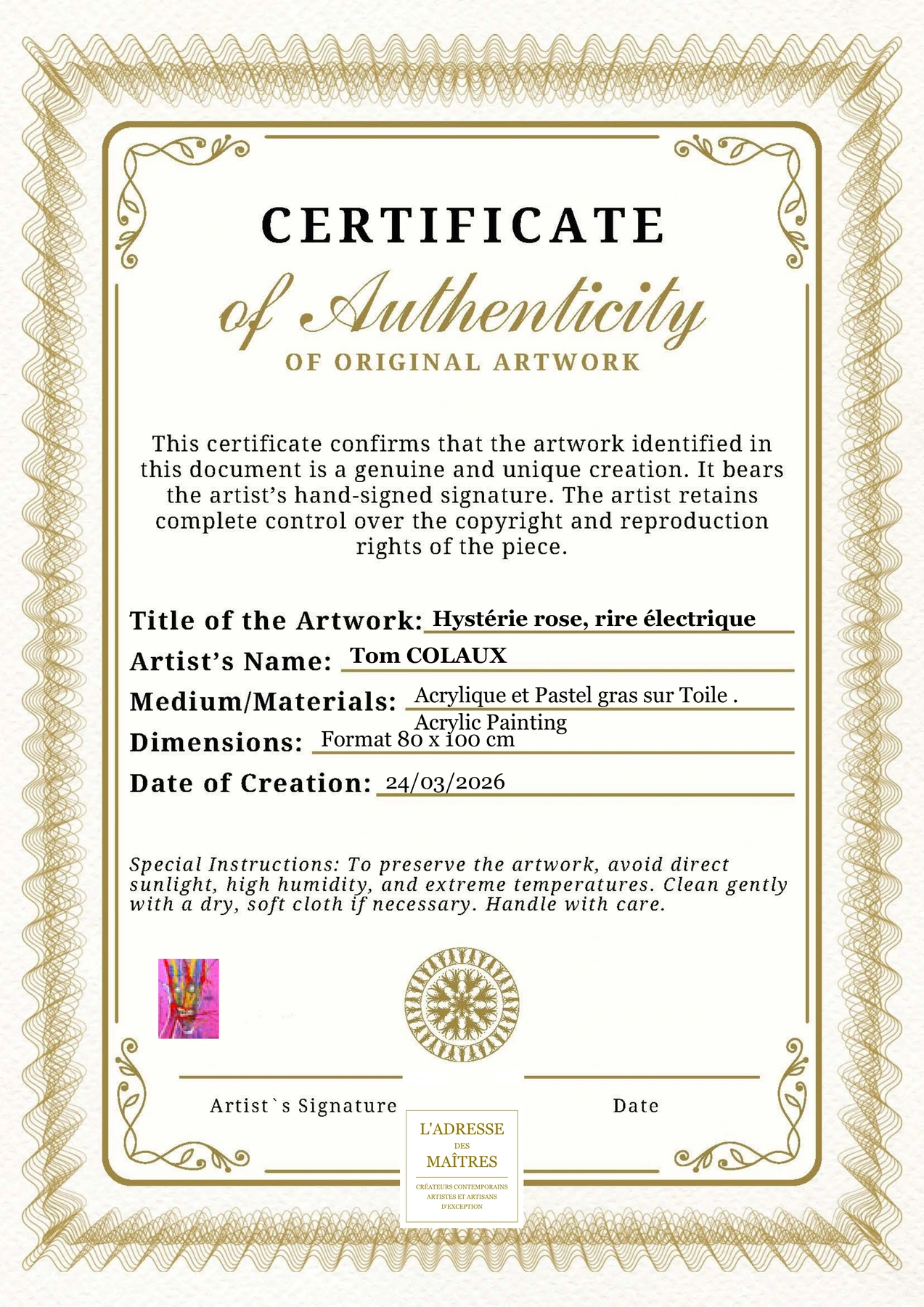 Certificat d'authenticité - Hystérie rose, rire électrique - Tom COLAUX