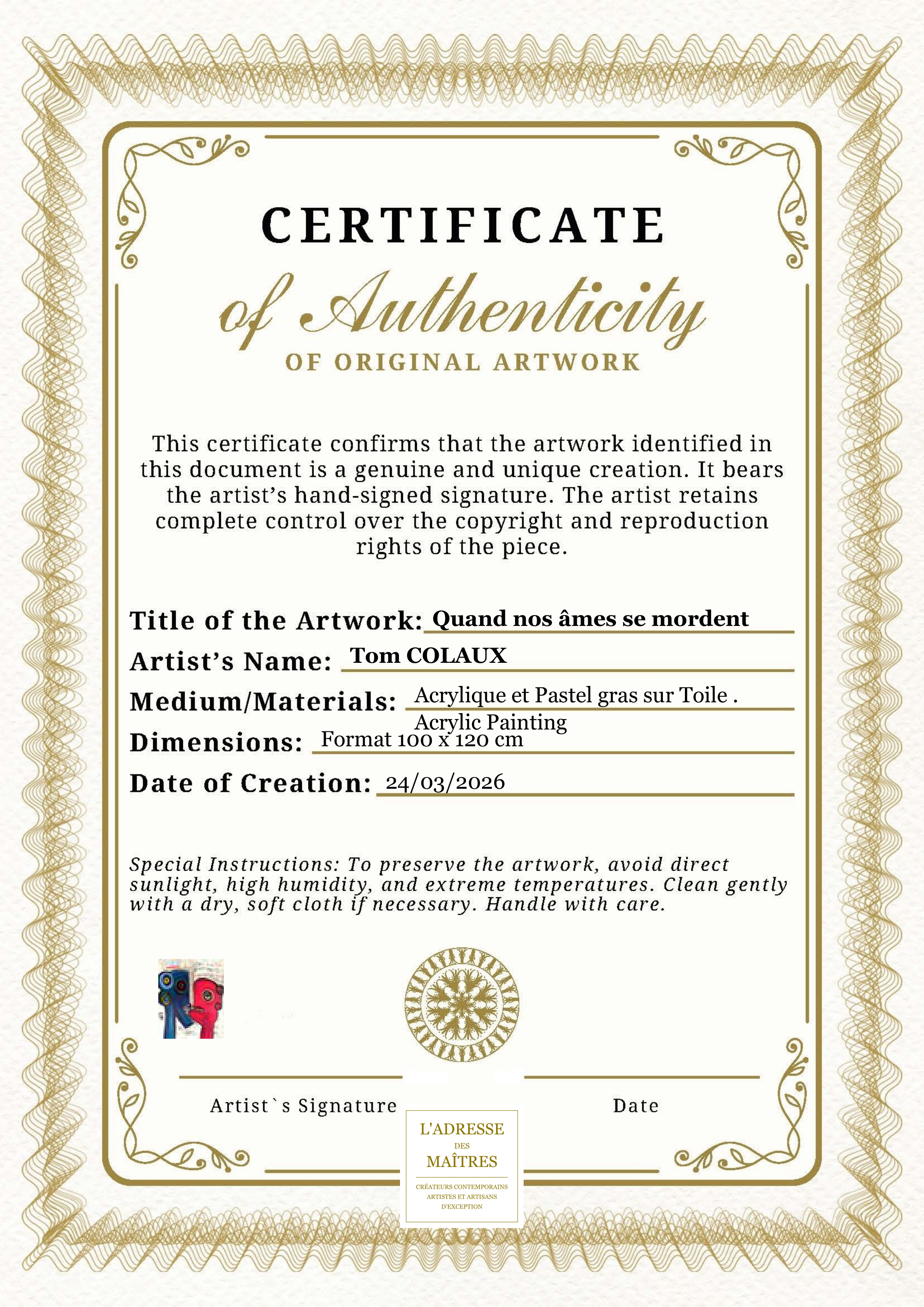 Certificat d'authenticité — Quand nos âmes se mordent — Tom COLAUX