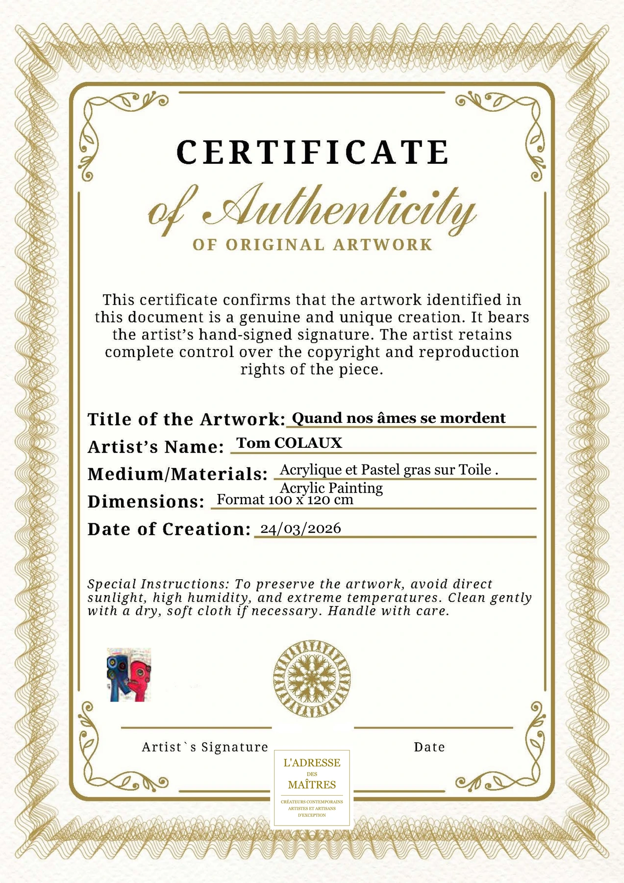 Certificat d'authenticité - Quand nos âmes se mordent - Tom COLAUX