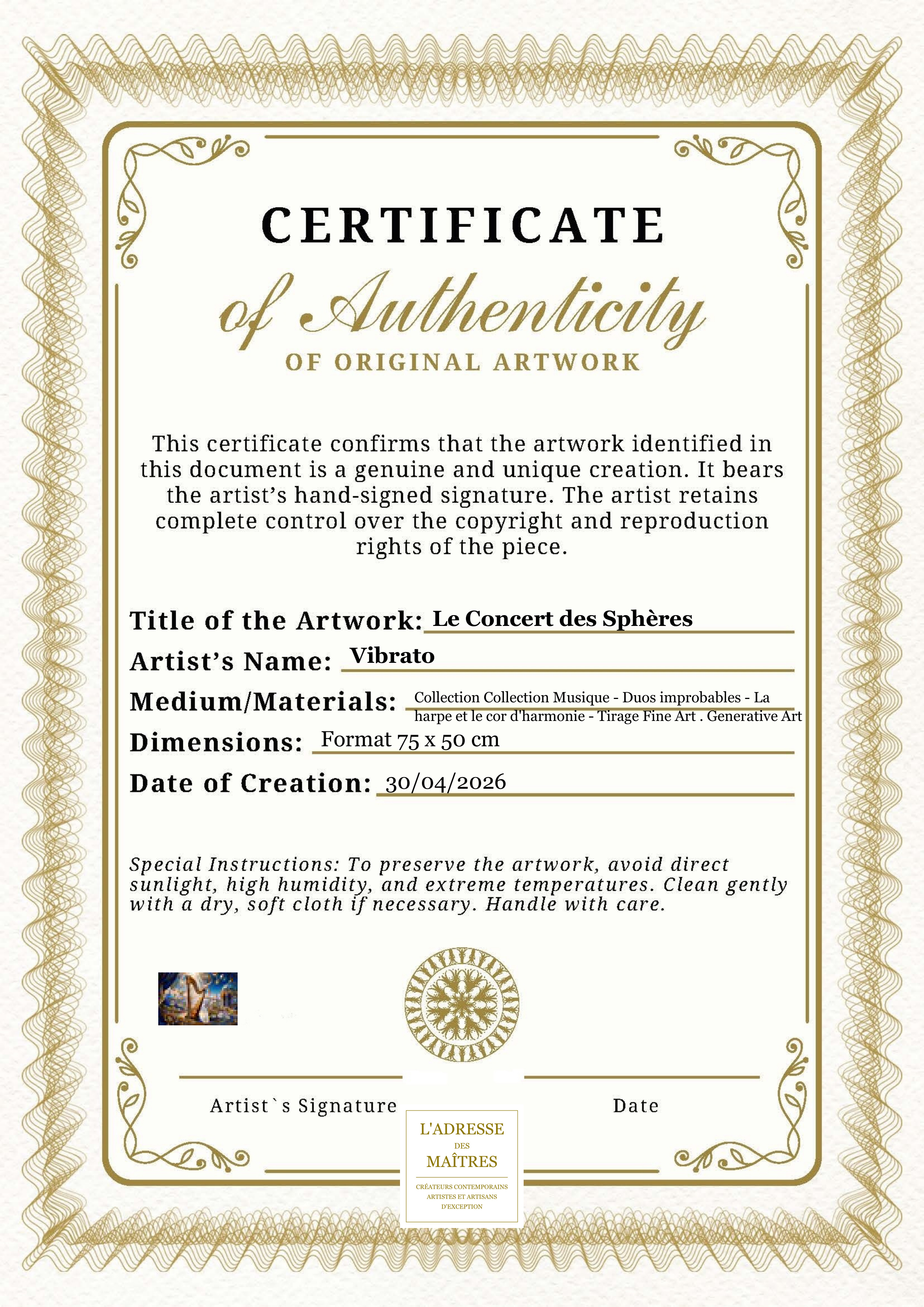 Certificat d'authenticité — Le Concert des Sphères — Vibrato