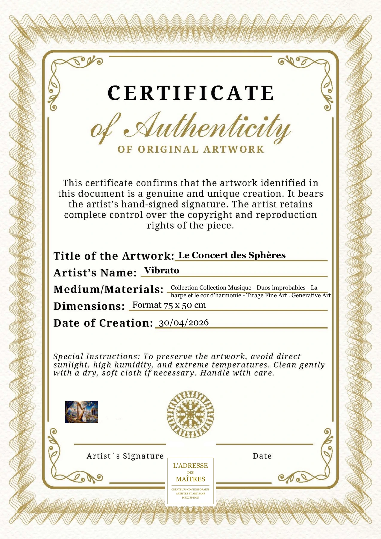 Certificat d'authenticité - Le Concert des Sphères - Vibrato