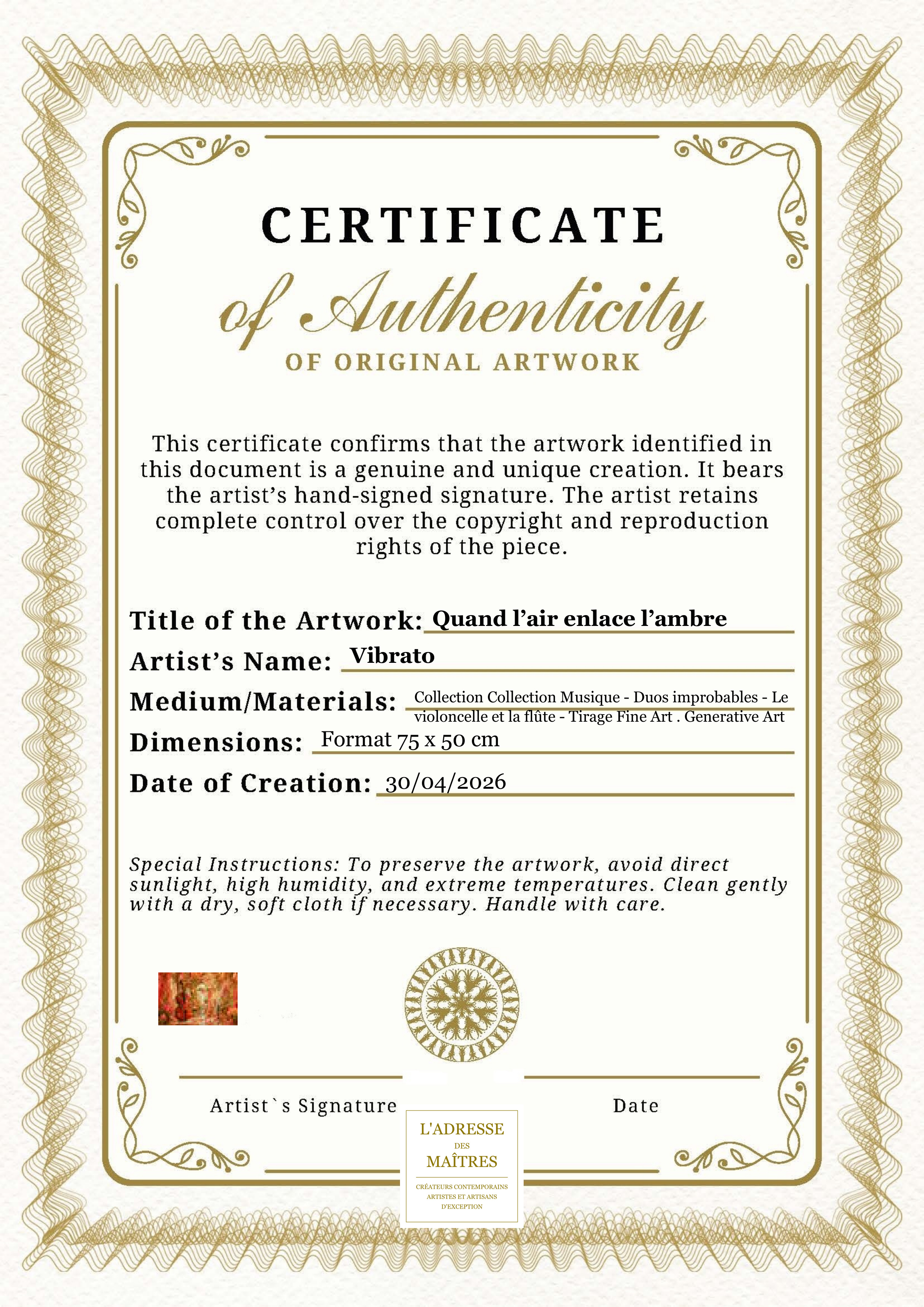 Certificat d'authenticité — Quand l’air enlace l’ambre — Vibrato
