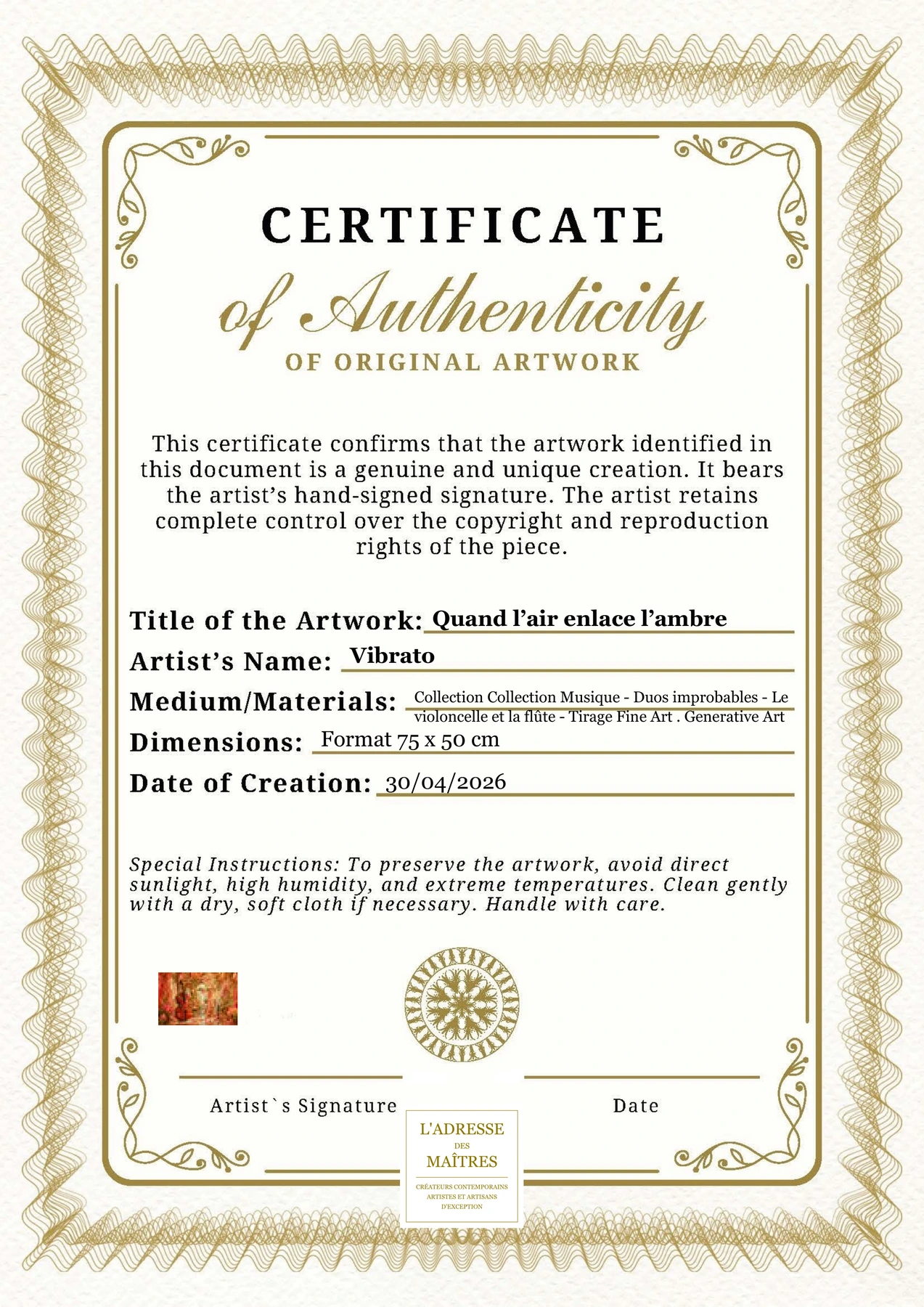 Certificat d'authenticité - Quand l’air enlace l’ambre - Vibrato